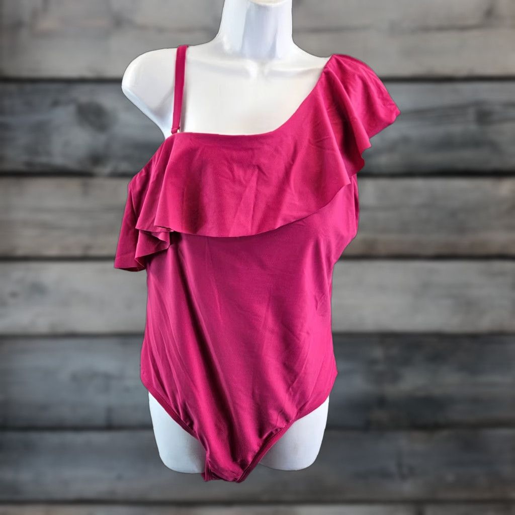 Vintage Kona Sol Womens One Piece Swimsuit Sz 17 Solid Pink Ruffle Size ONE SIZE - 1 Thumbnail