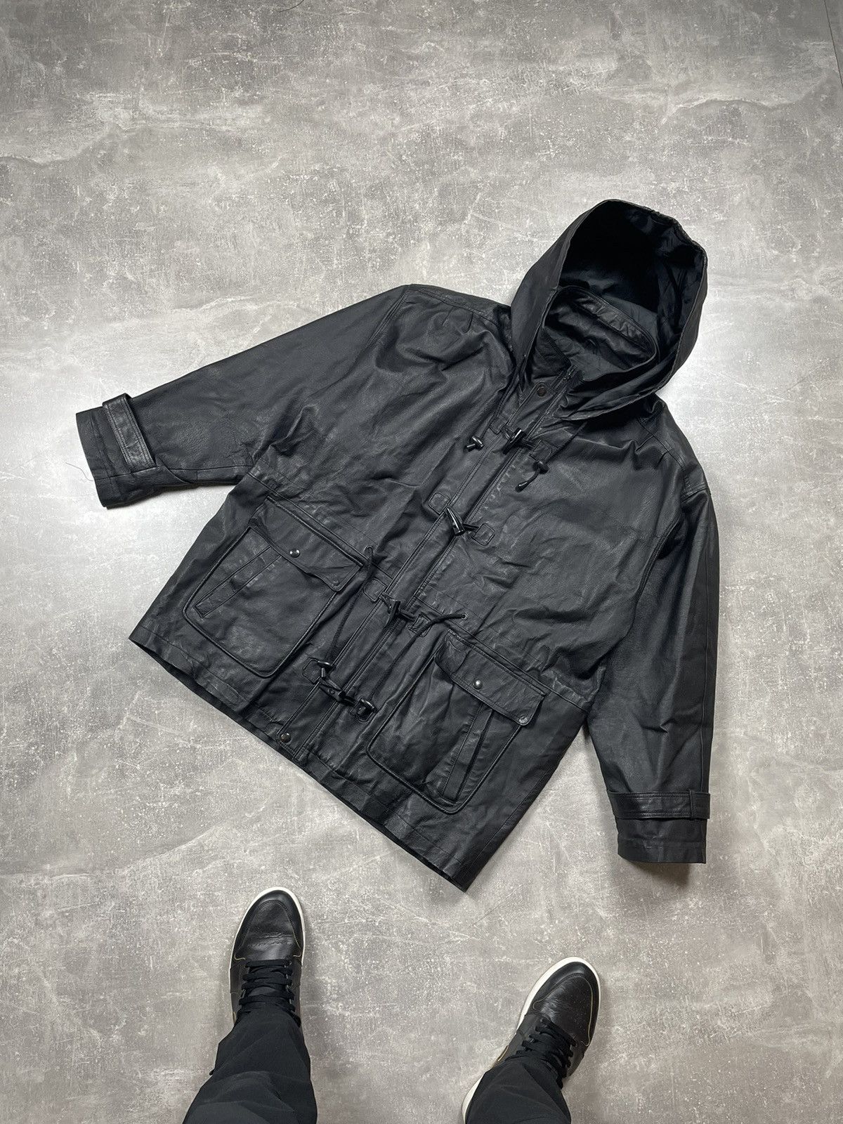 Wilsons Vintage Genuine Leather Black Duffel Coat Jacket