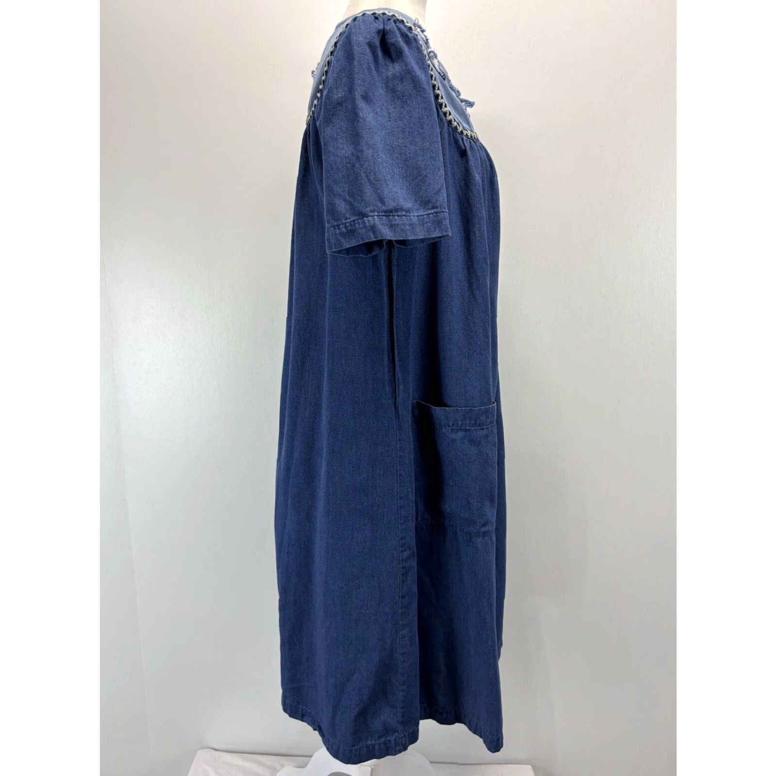Vintage Go Softly Patio Chambray Cotton Patchwork Midi Dress with Pockets Women's Small Blue Casual Kaftan Size S / US 4 / IT 40 - 4 Thumbnail