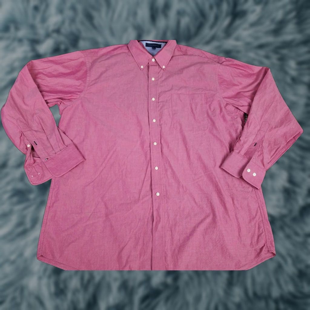 Tommy Hilfiger VINTAGE Tommy Hilfiger Regular Fit Mens Dress Shirt Red 17 1/2 34/35 XL Button Up Mens Shirt Red 90s Size 46R - 1 Thumbnail