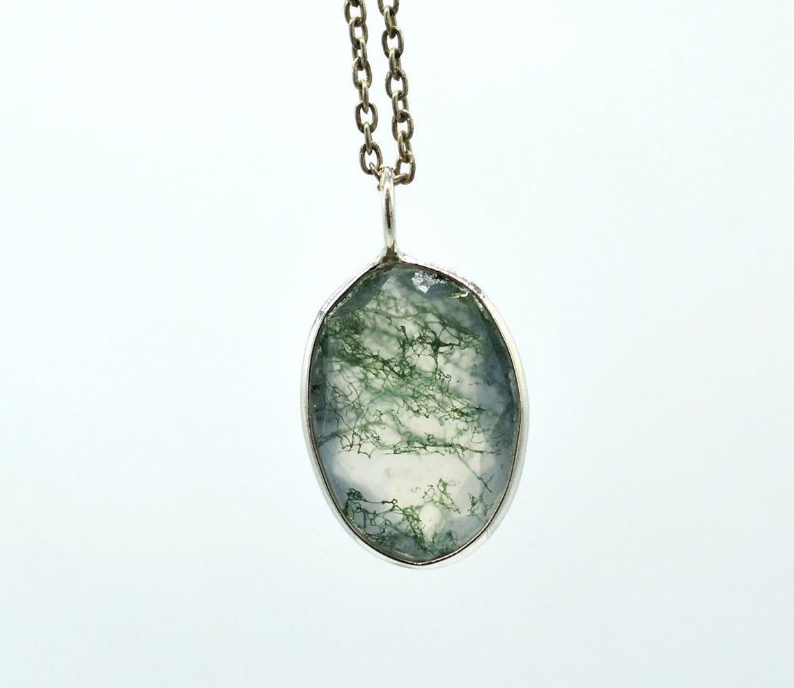 Handmade Sterling Silver Moss Agate Pendant Necklace - 18 Inch Size ONE SIZE - 2 Thumbnail