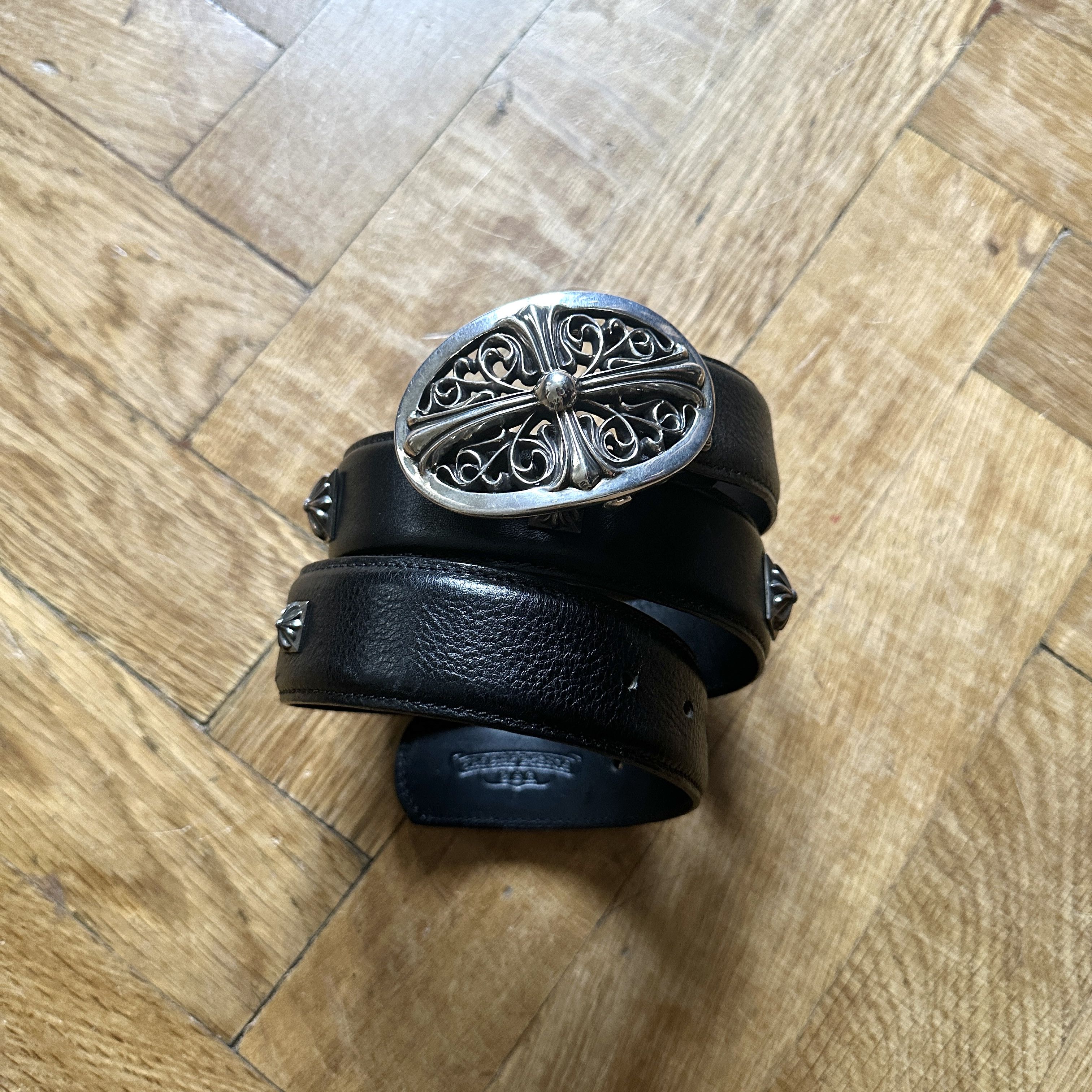image of Chrome Hearts Black Leather Sterling Silver Studded Belt, Men's (Size 32)