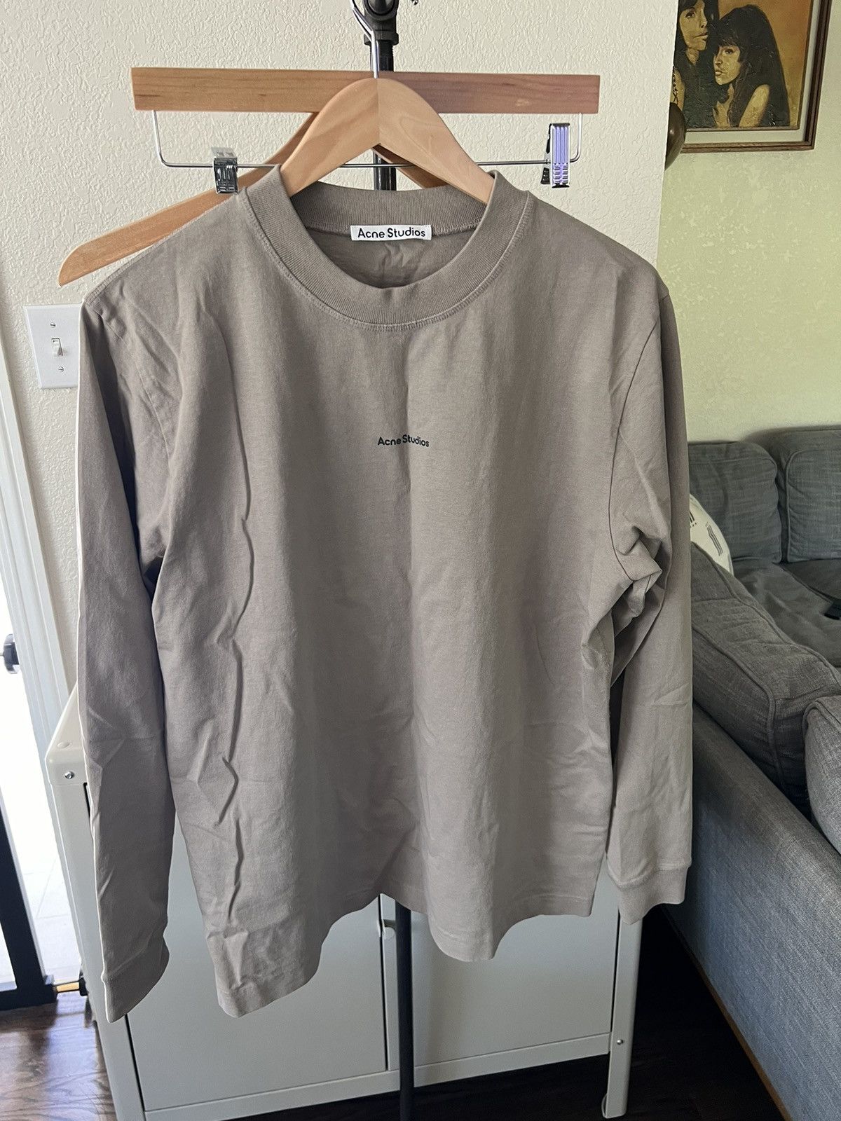 image of Acne Studios Long Sleeve Logo Stamp T Shirt in Beige, Men's (Size Large)