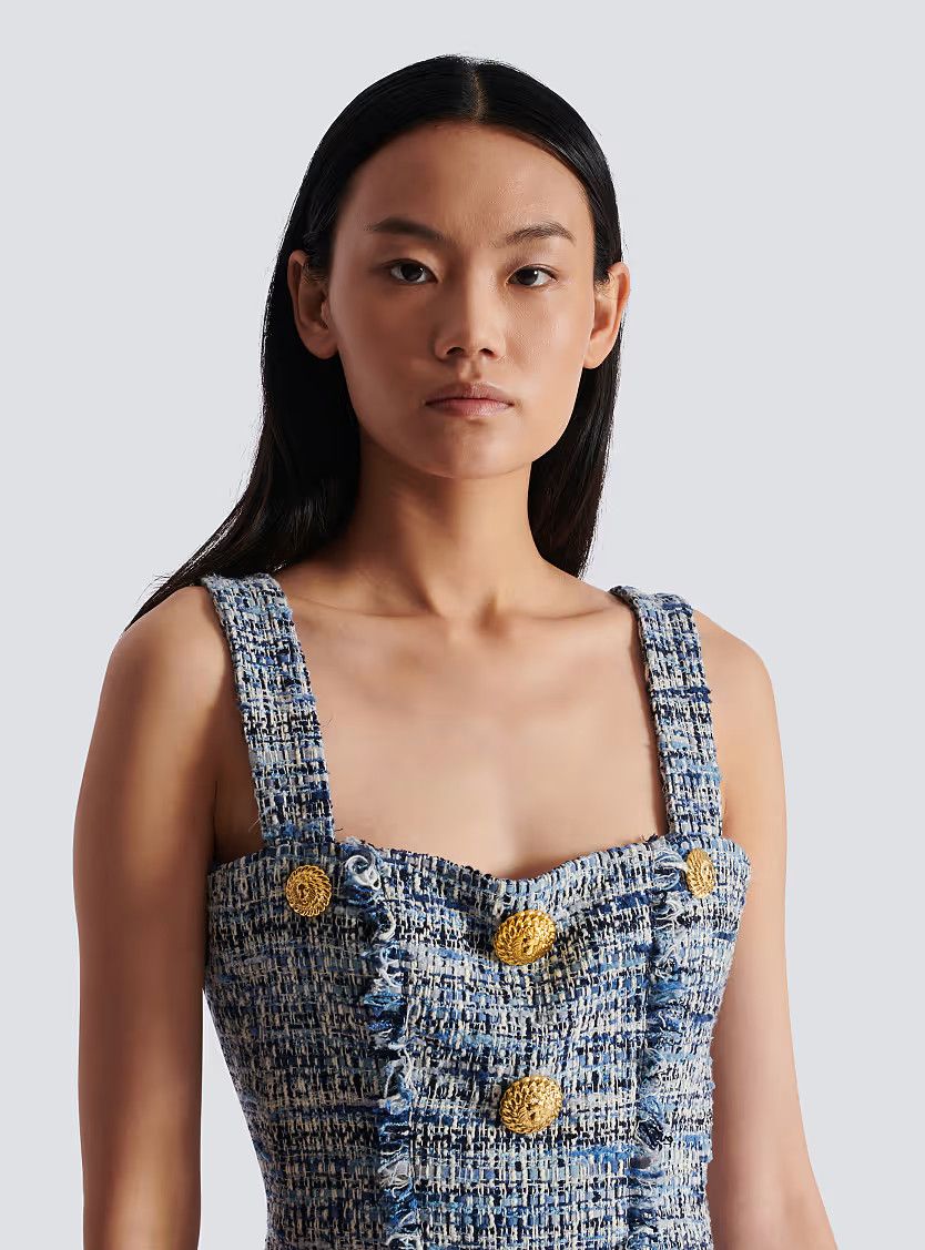 Balmain o1s1wg111225 Short Tweed Dress With Straps in Blue Size S / US 4 / IT 40 - 6 Thumbnail