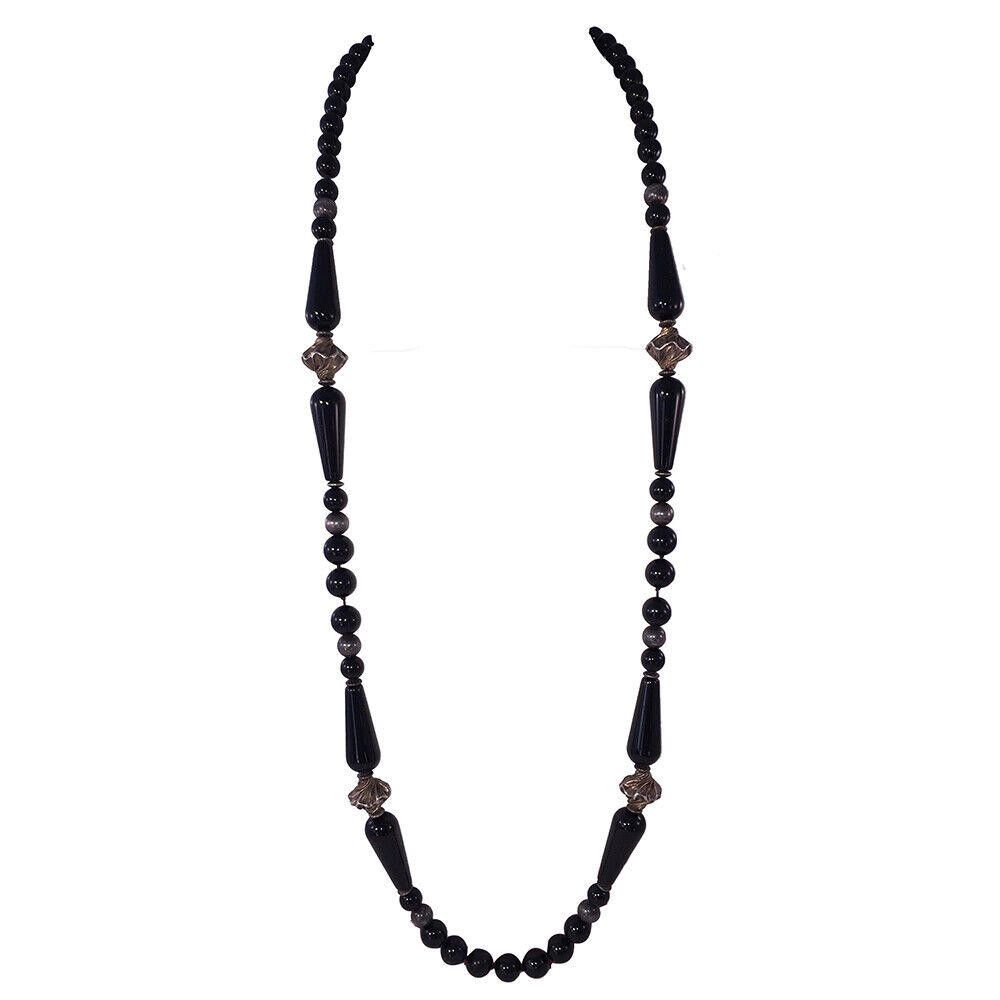 Handmade Carved Black Onyx & Sterling Opera Length Bead Necklace Size ONE SIZE - 2 Thumbnail