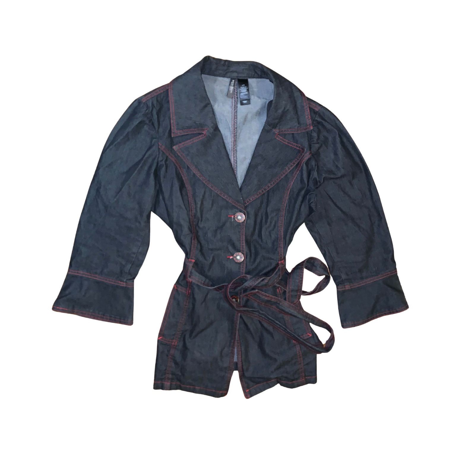 Other × Vintage Bisou Bisou Denim Jacket Belted Dark Wash Red Stitch L Y2K Size L / US 10 / IT 46 - 1 Thumbnail