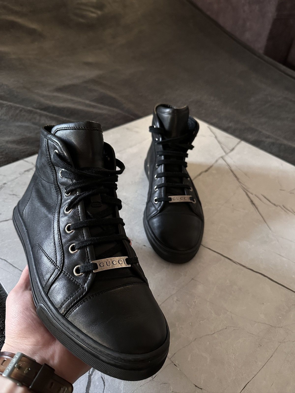 Gucci Gucci Men’s Black Leather Sneakers 423299 - Size 38 EU Rare Size US 6 / EU 39 - 4 Thumbnail