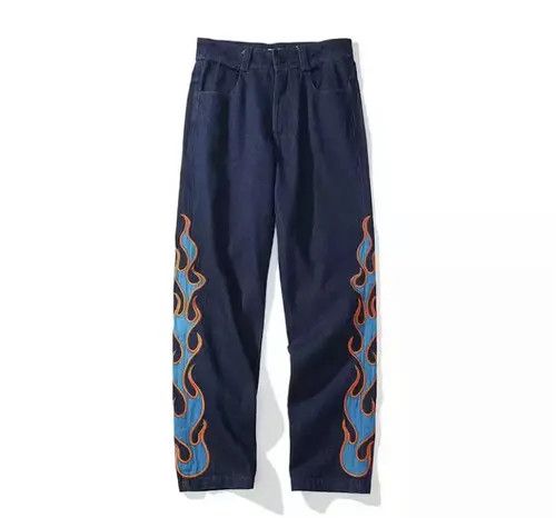 image of Vintage Graphic Printed Flame Denim Jeans in Blue, Men's (Size 33)