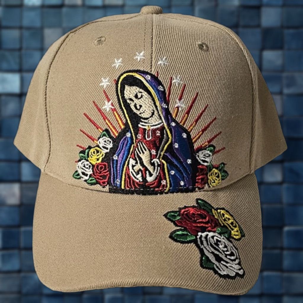 Vintage GUADALUPE VIRGIN MARY FLOWER ROSE RELIGIOUS STAR BASEBALL CAP Beige Adult Adjustable Cap Men Size ONE SIZE - 1 Thumbnail
