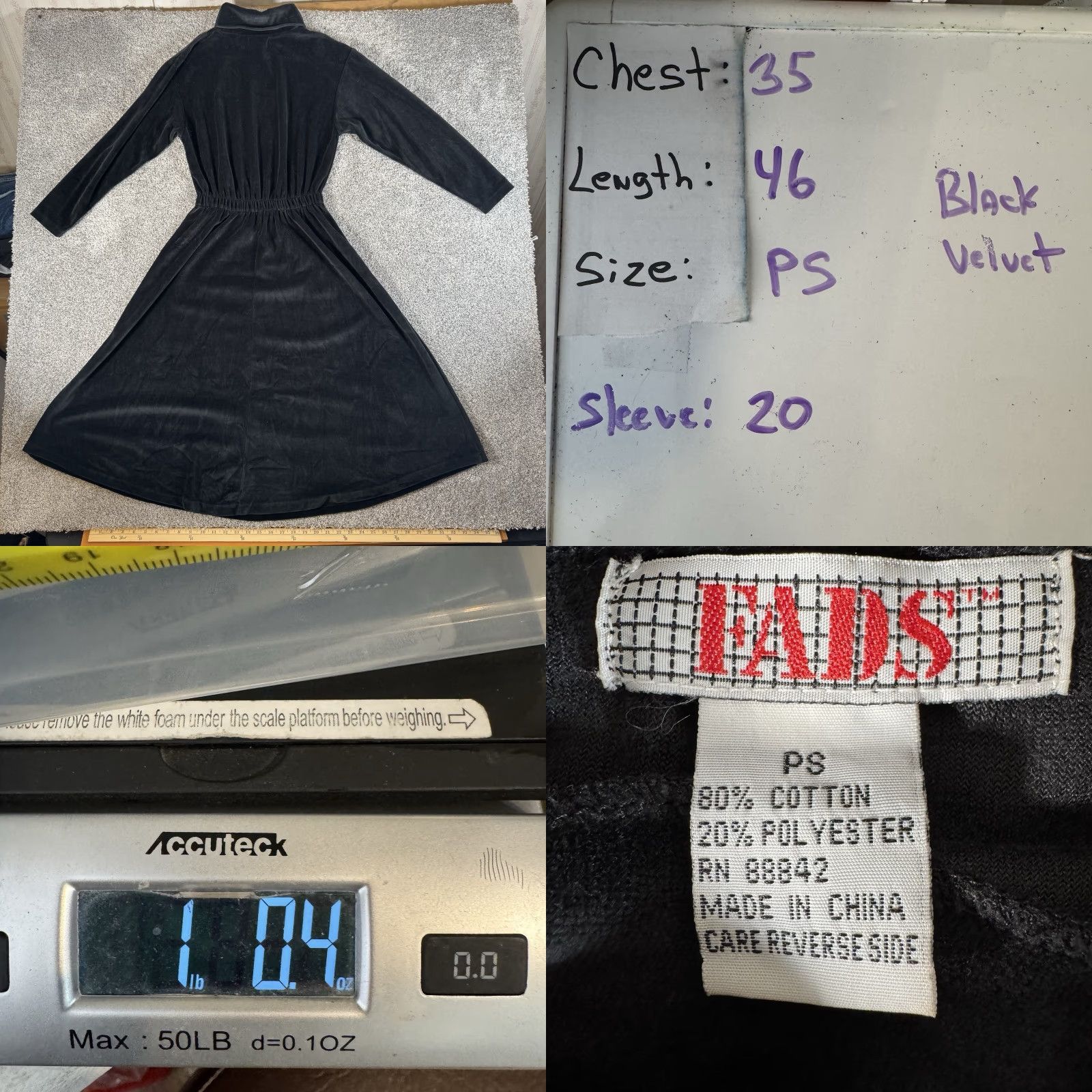 Velour VINTAGE FADS Velour Dress A-Line Midi Long Sleeve Turtleneck Black PS Petite Women 90s Goth Witchy Vamp Dark Romantic Dress Size S / US 4 / IT 40 - 8 Thumbnail