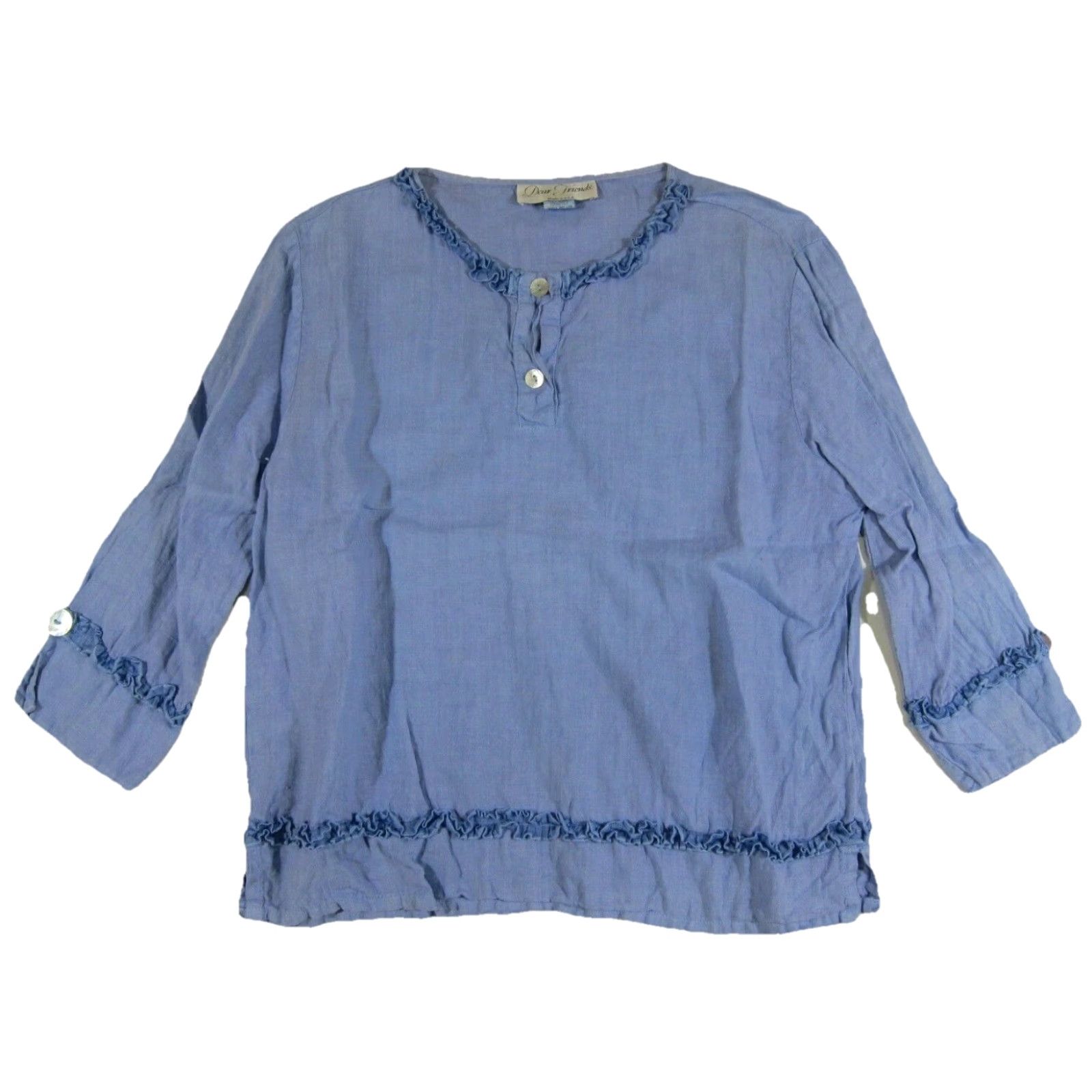 Vintage Dear Friends 100% Linen Blue Ruffle 3/4 Sleeve Tunic Blouse Shirt Top Women S Size S / US 4 / IT 40 - 5 Thumbnail