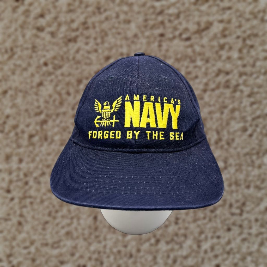 Vintage America's Navy Hat Cap Made USA One Size Adult Blue Yellow Cotton Strap Back Size ONE SIZE - 1 Thumbnail