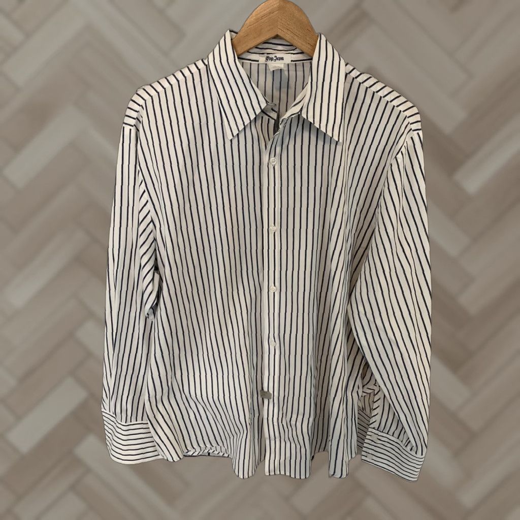 Vintage POP ICON Shirt Long Sleeve Striped Button-Front Men's XL White Blue Button-Up Size US XL / EU 56 / 4 - 1 Thumbnail