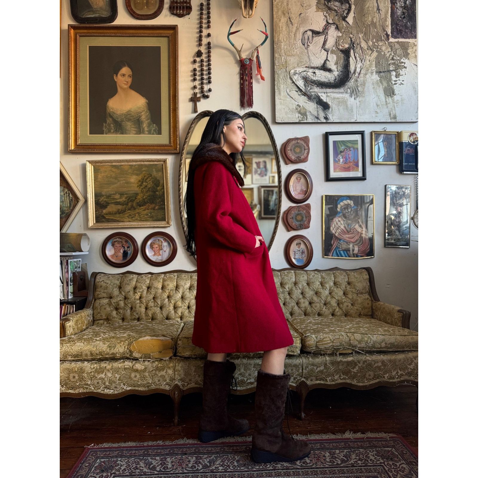 Vintage 50s Stevens Hockanum Topaz Red Genuine Fur Collar Coat Large Size L / US 10 / IT 46 - 2 Thumbnail