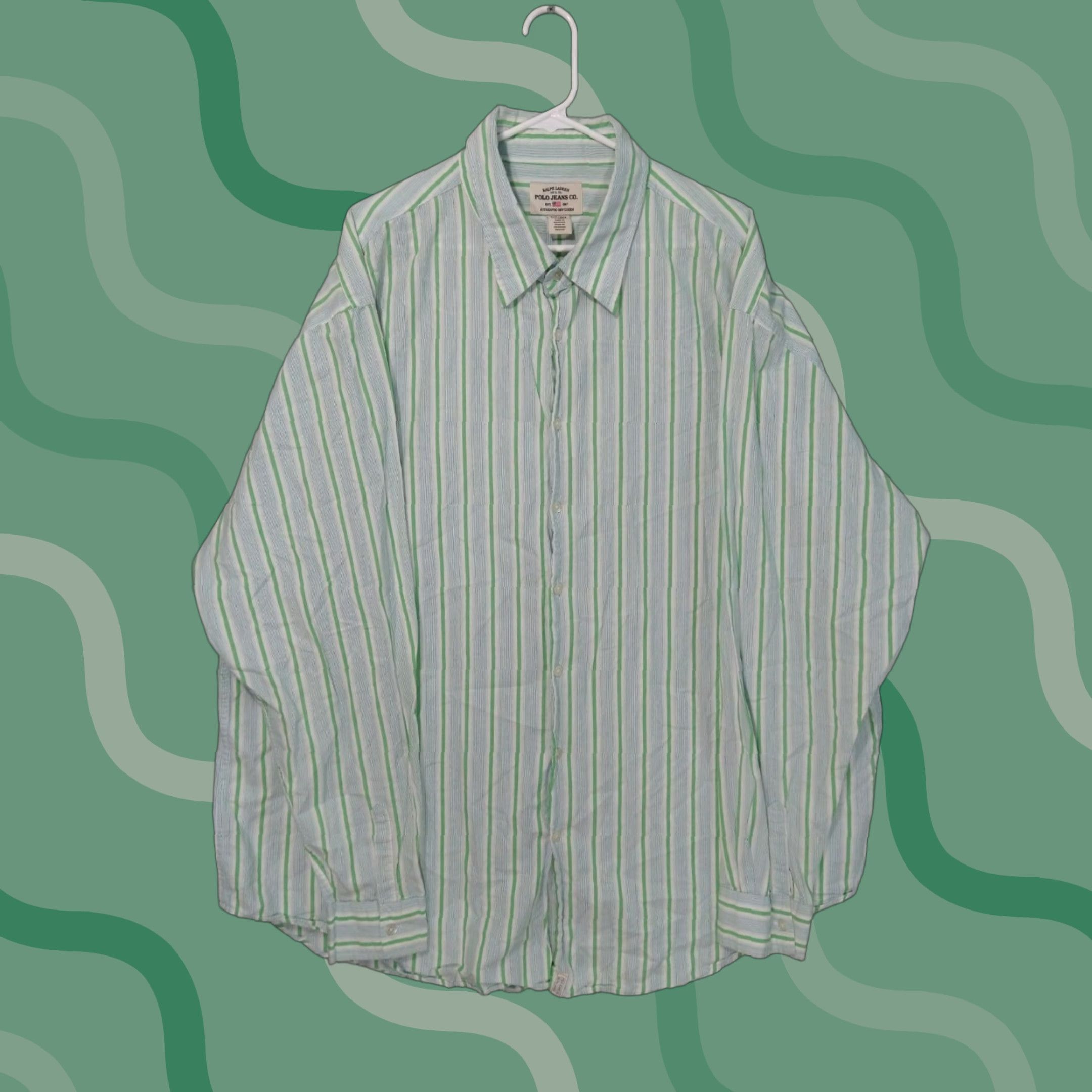 Vintage Polo Jeans Co. Ralph Lauren Shirt Mens 3XT Green Striped Long Sleeve Button Up Size US XXL / EU 58 / 5 - 1 Thumbnail