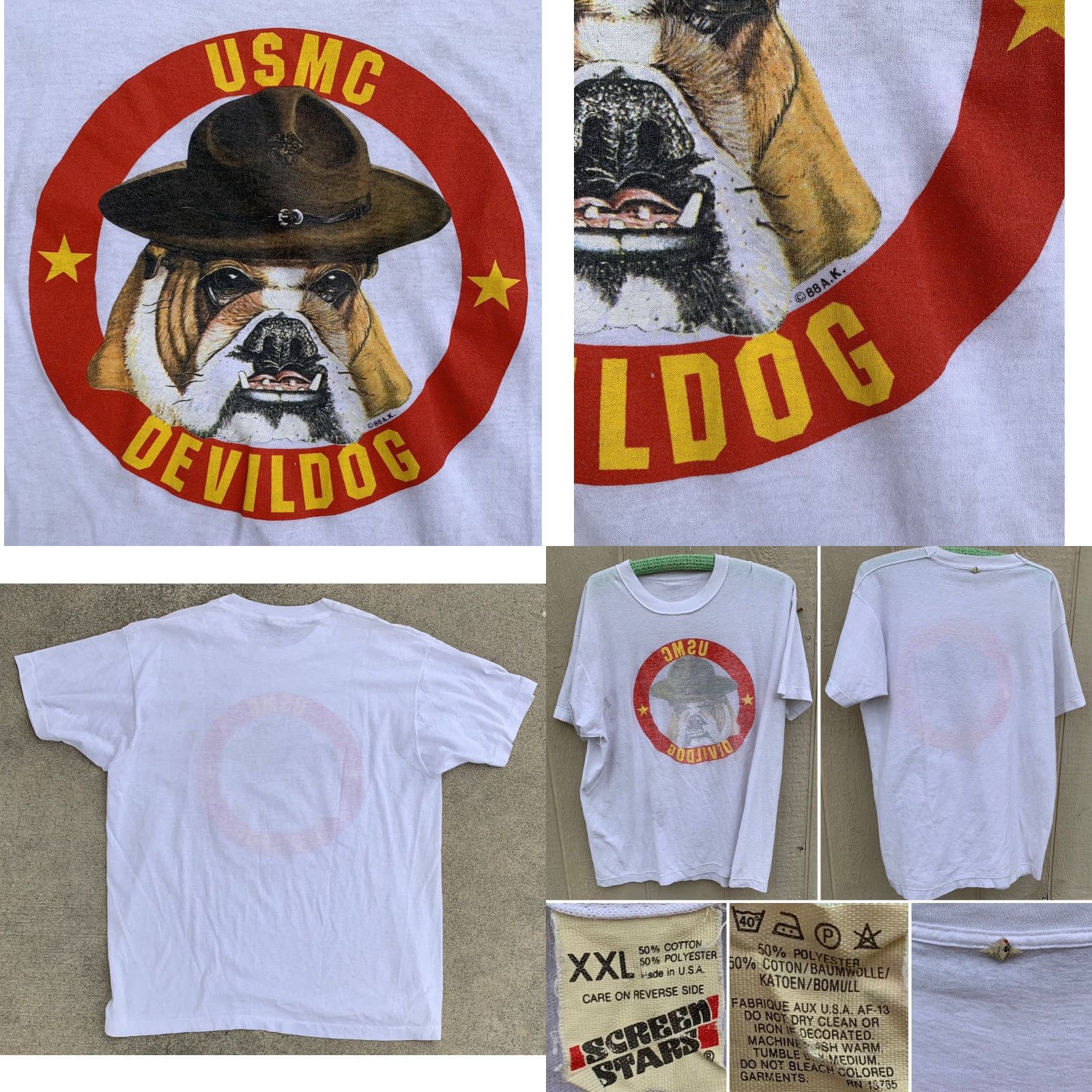 Vintage VINTAGE USMC Devildog t shirt 80s 1980s White Cotton Blend Screen Stars 2XL Mens Graphic Tee Marines Dog 88 AK C 88 A.K. Decade 1980s 1980s Size US XXL / EU 58 / 5 - 9 Thumbnail