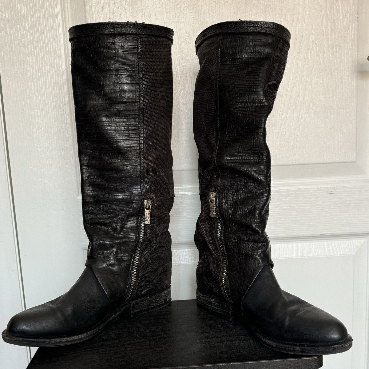 A.S.98 A.S.98 Black Leather Knee High Biker Boots Womens Zip Buckle Size US 7.5 / IT 37.5 - 3 Thumbnail