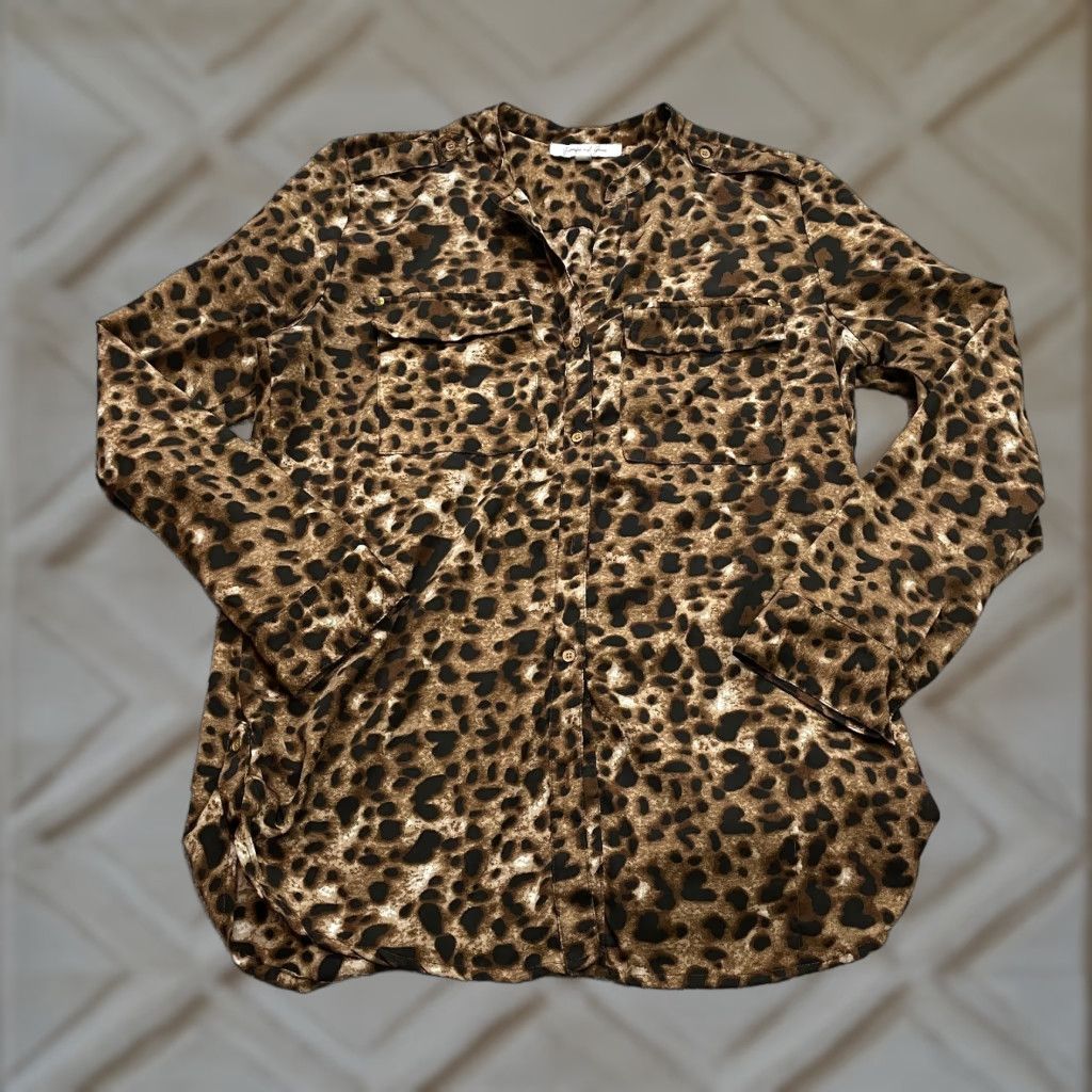 Vintage Jennifer & Grace Leopard Print Button Up Shirt Womens M Medium Long Sleeve V-Neck Pockets Size M / US 6-8 / IT 42-44 - 1 Thumbnail