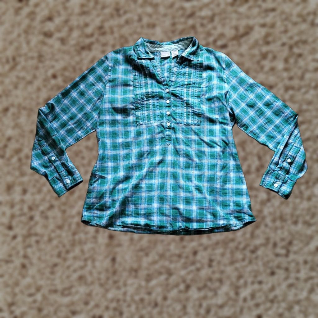 Vintage LL Bean Top Shirt Womens M Green Plaid 1/4 Button Classic Collared Everyday Blouse Knit Cotton Long Sleeve Casual Business Travel Mens? Size M / US 6-8 / IT 42-44 - 1 Thumbnail