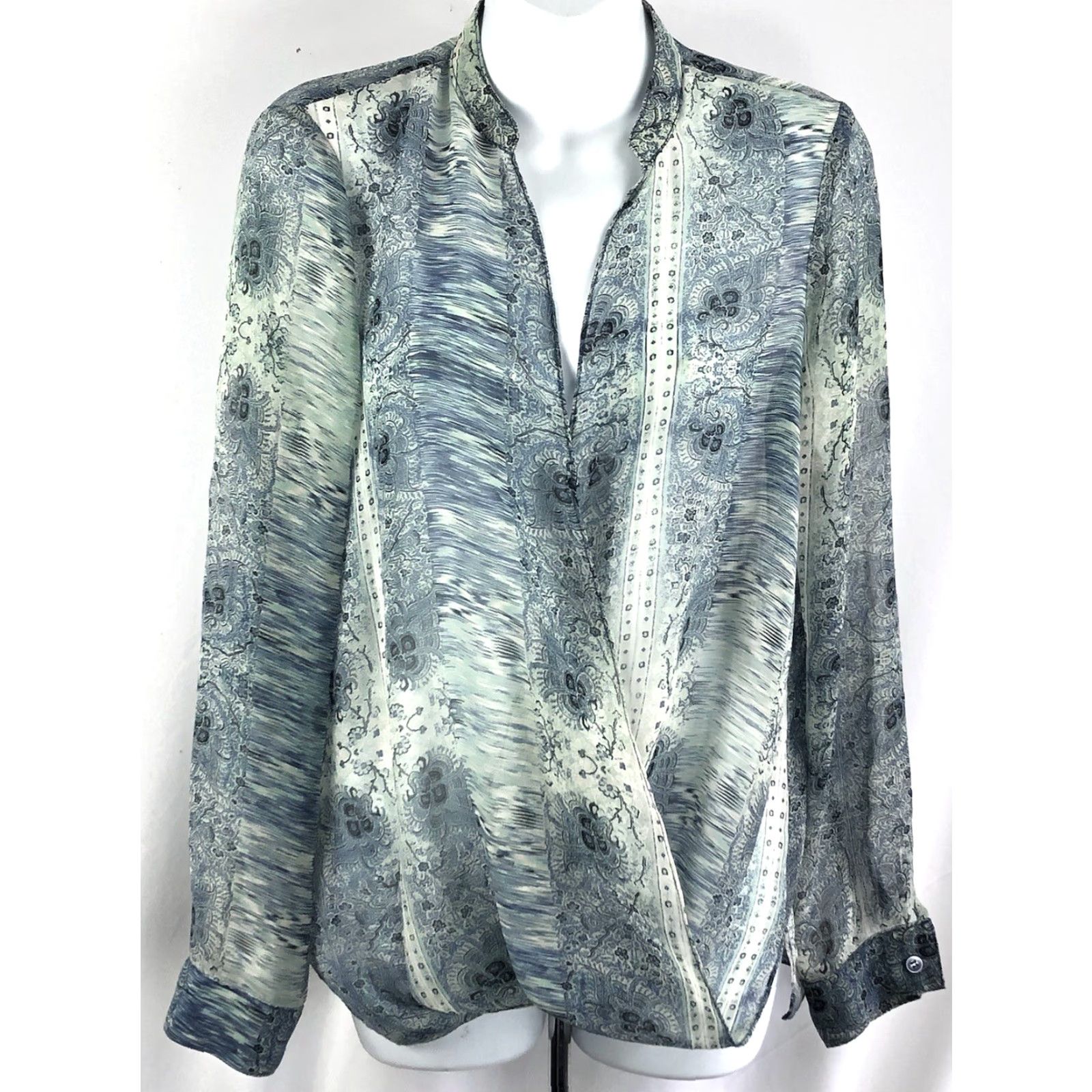 BCBGeneration BCBG Flowy Chiffon Top Blue Geo Blouse S Long Sleeve Collared Twist Front Sheer Boho 90s Y2K Career Womens Size S / US 4 / IT 40 - 2 Thumbnail