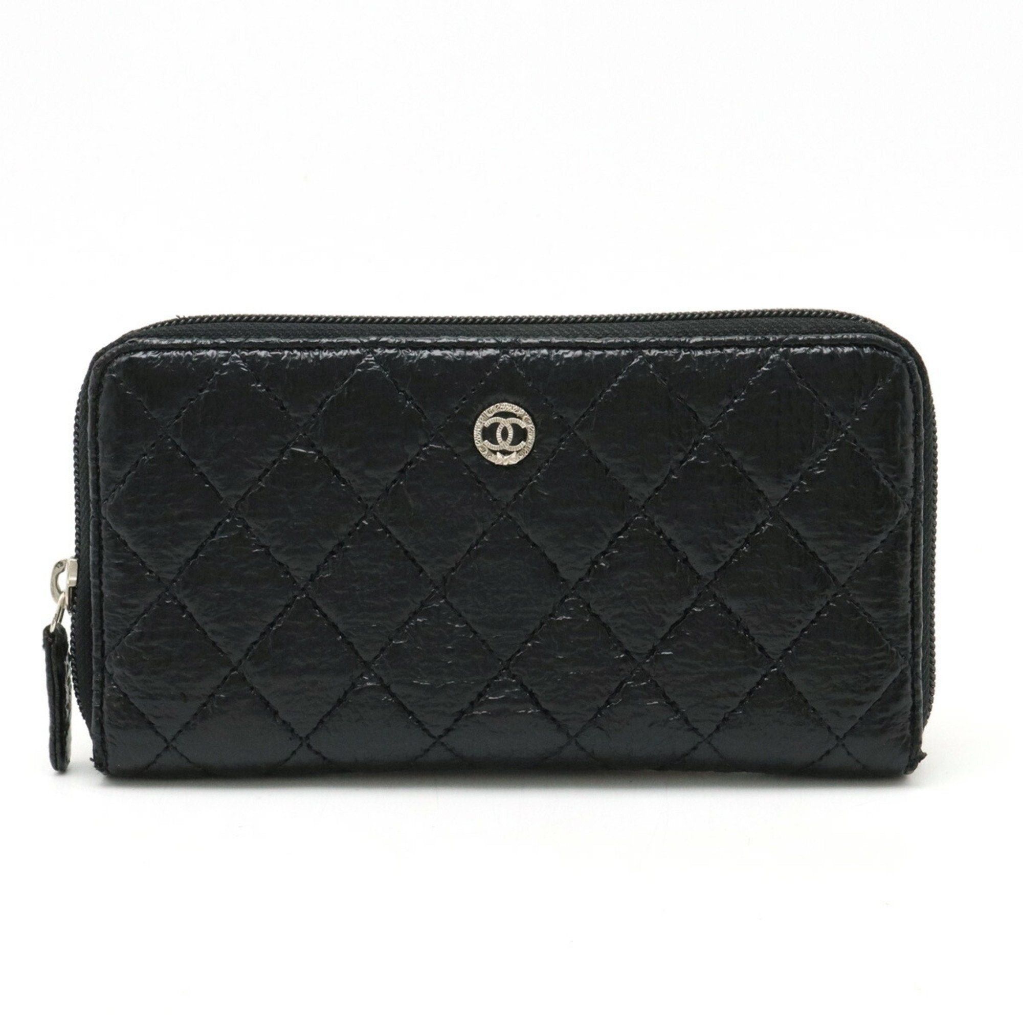 image of Chanel Matelasse Coco Mark Round Long Wallet Coated Tweed Leather Black A50097, Women's