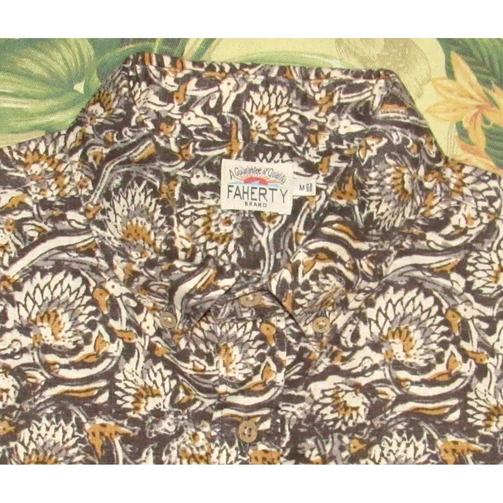 Faherty FAHERTY Brown Floral Hemp Blend Short Sleeve Button Down Hawaiian Shirt M Mens Size US M / EU 48-50 / 2 - 2 Thumbnail