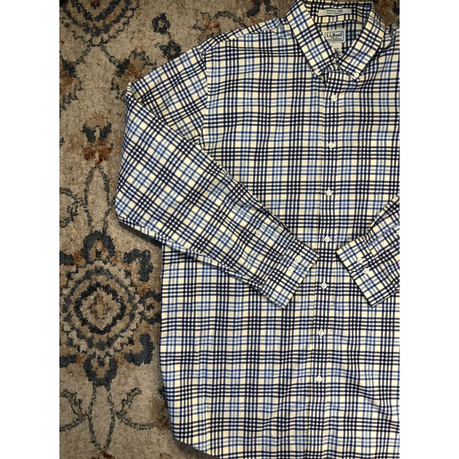 Vintage L.L. Bean Dress Shirt Mens XLT XL Tall Blue Yellow Plaid Wrinkle Free Cotton Shirt Dress Shirt Mens XLT Tall Blue Plaid Wrinkle Free 100% Cotton Size 46R - 3 Thumbnail