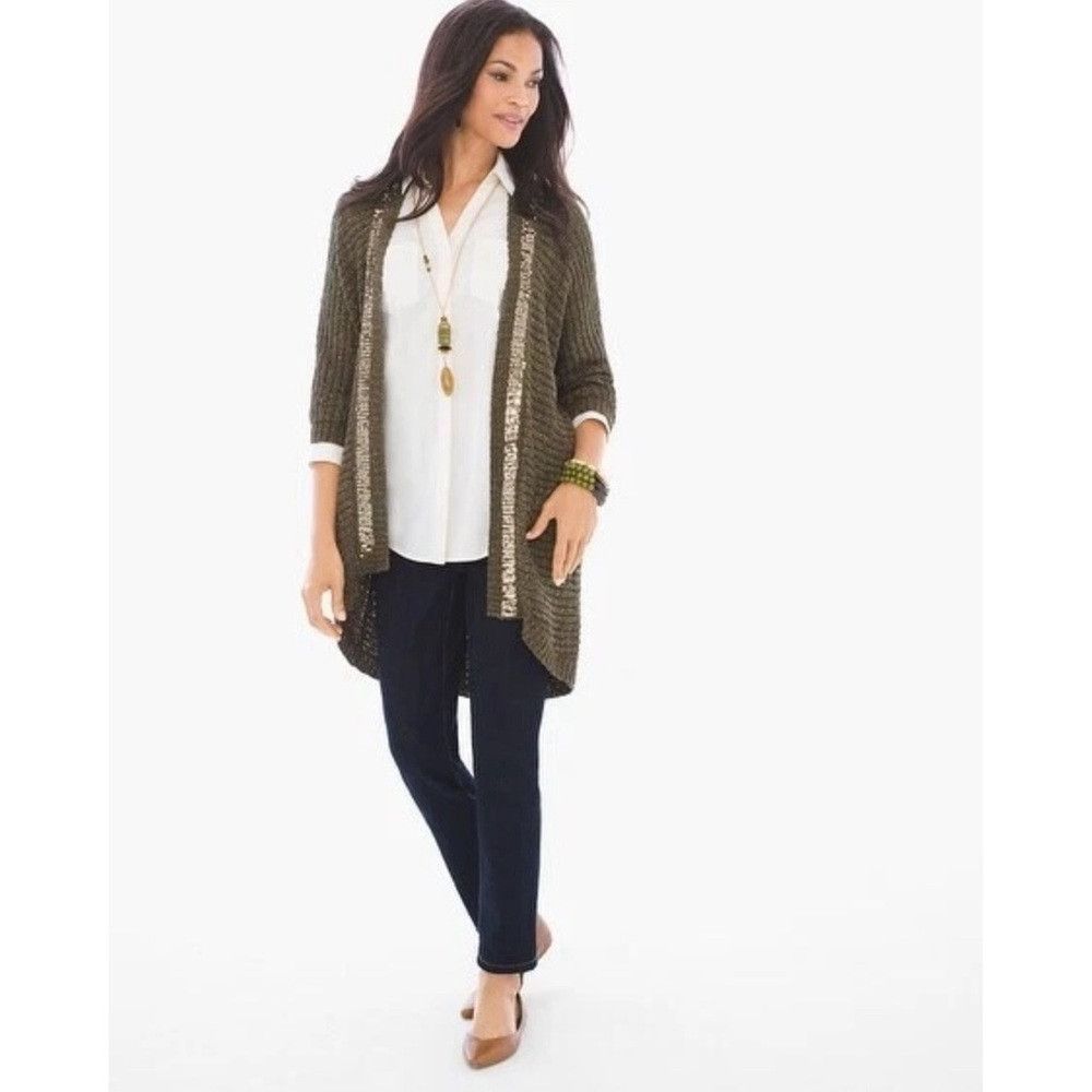 Chicos NWT New $109 Chico's Knit Sequin Trim Cardigan Size 1 US M Size M / US 6-8 / IT 42-44 - 2 Thumbnail