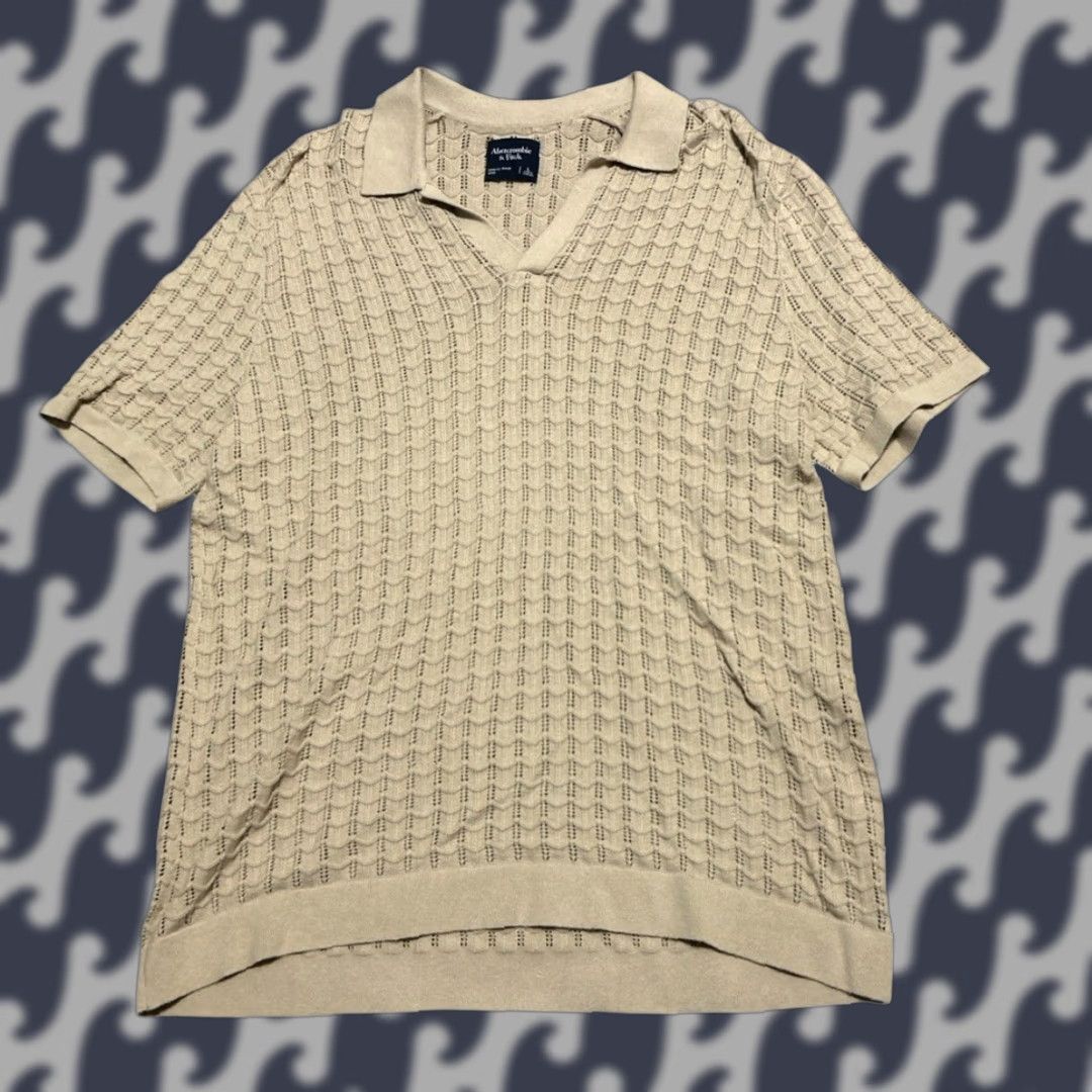 Abercrombie & Fitch Open Collar Polo Shirt Men’s Large Beige Crochet Knit Button-Up Casual Retro