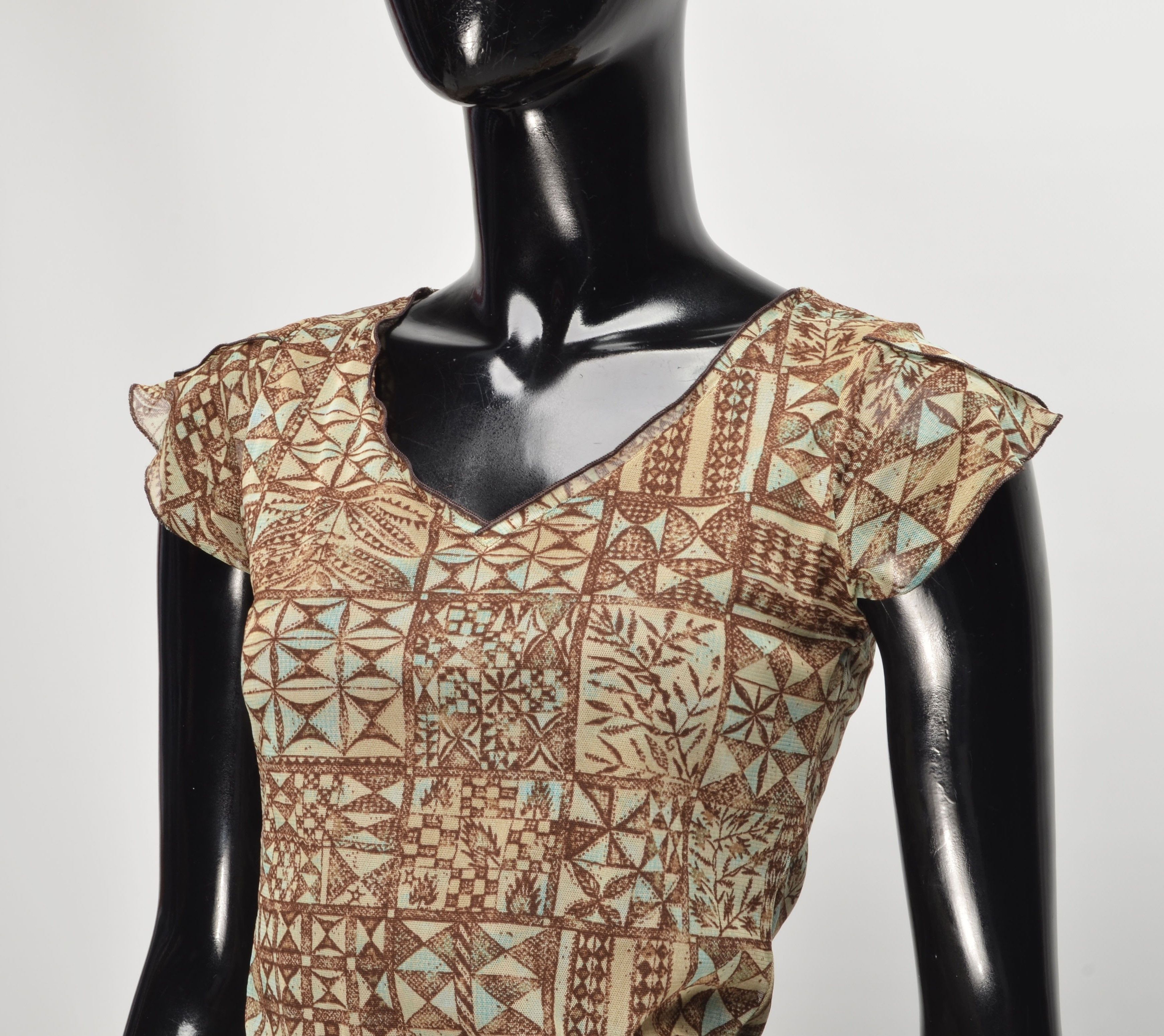 Designer Phildar Y2K 2000s Boho Fairy Mesh Brown V-Neck Top Blouse Size S / US 4 / IT 40 - 2 Thumbnail