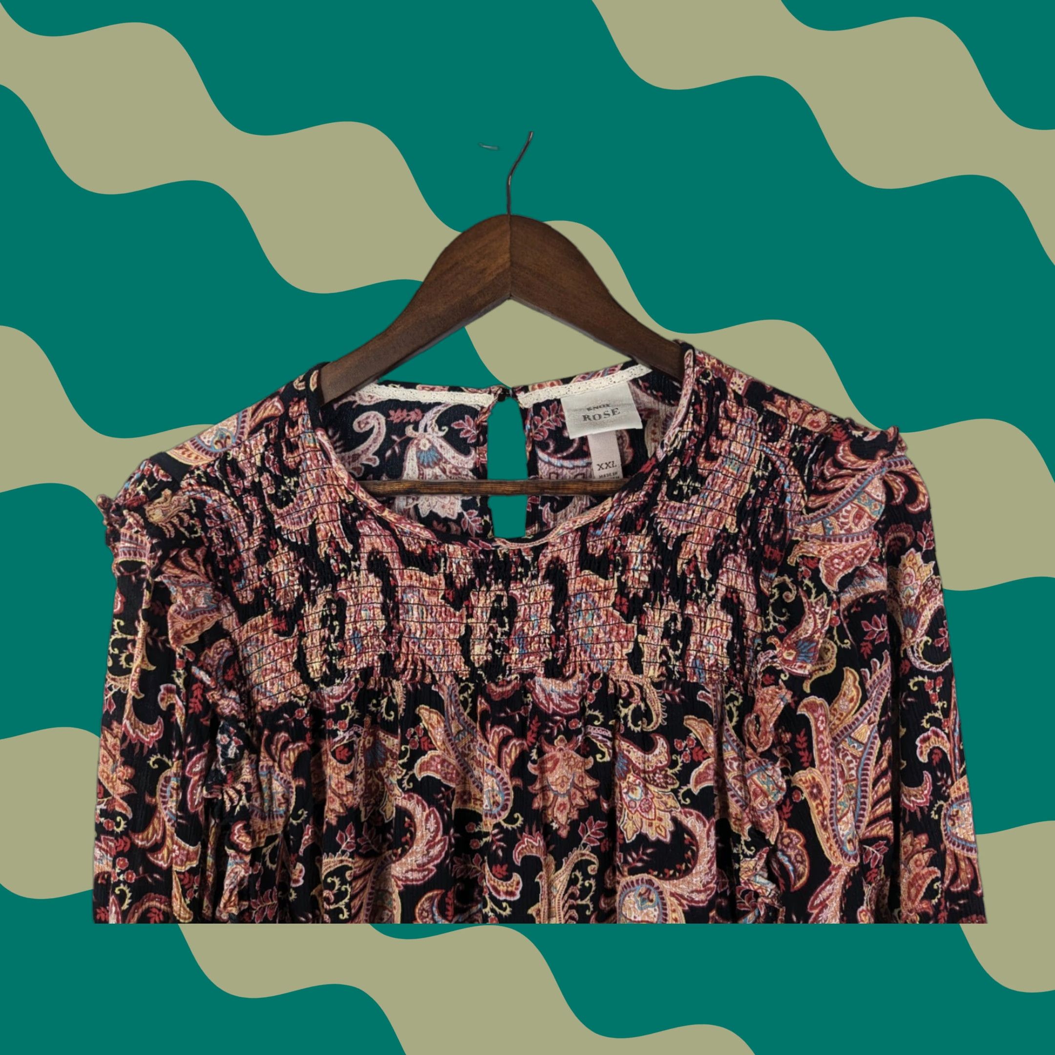 Vintage Knox Rose Blouse 2XL Black Pink Paisley Floral Smocked Ruffle Boho Women's Shirt Size XXL / US 16-18 / IT 52-54 - 1 Thumbnail