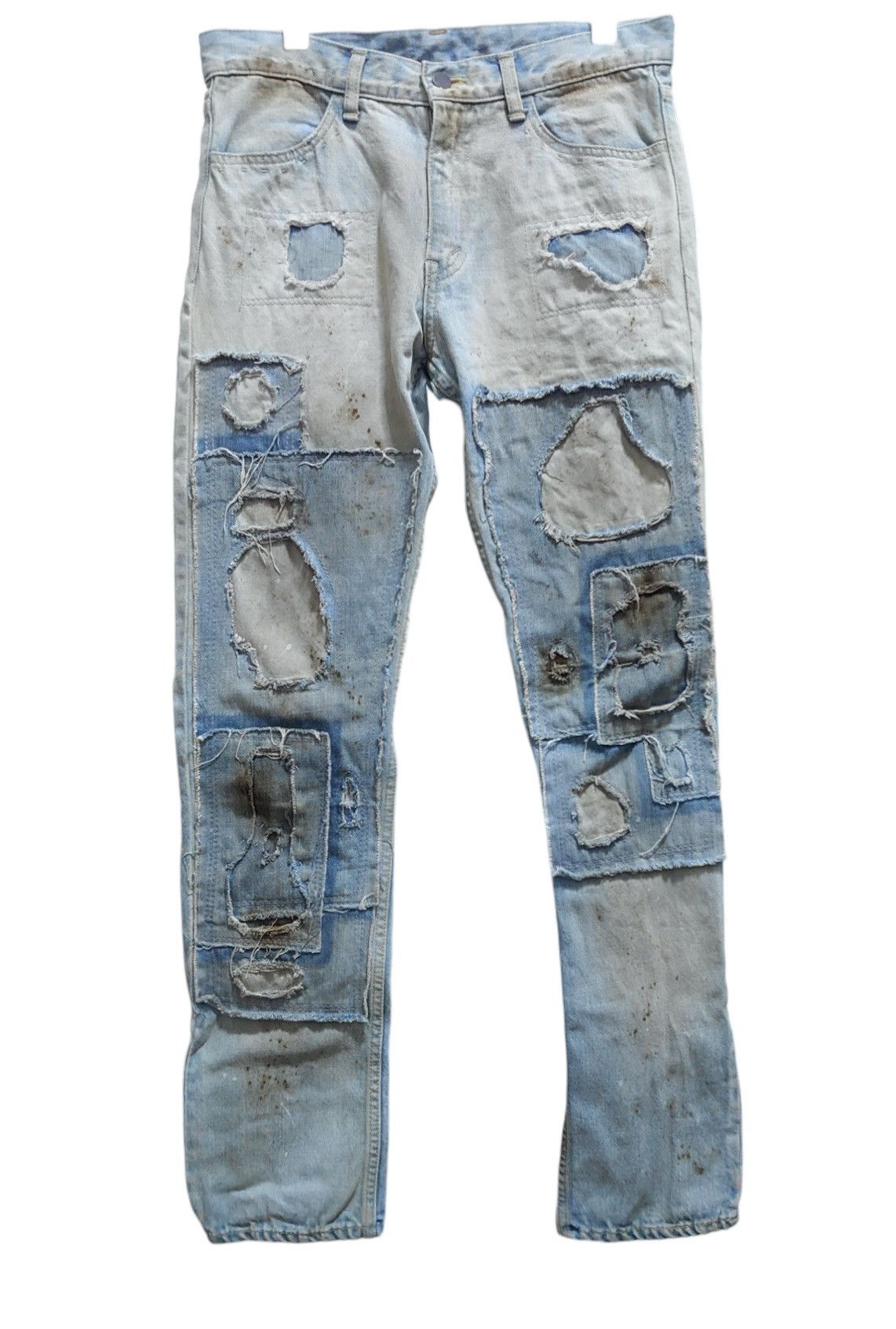 image of N Hoolywood N.hoolywood Patchwork Grange Repair Processing Damaged Jeans in Light Blue (Size 31)