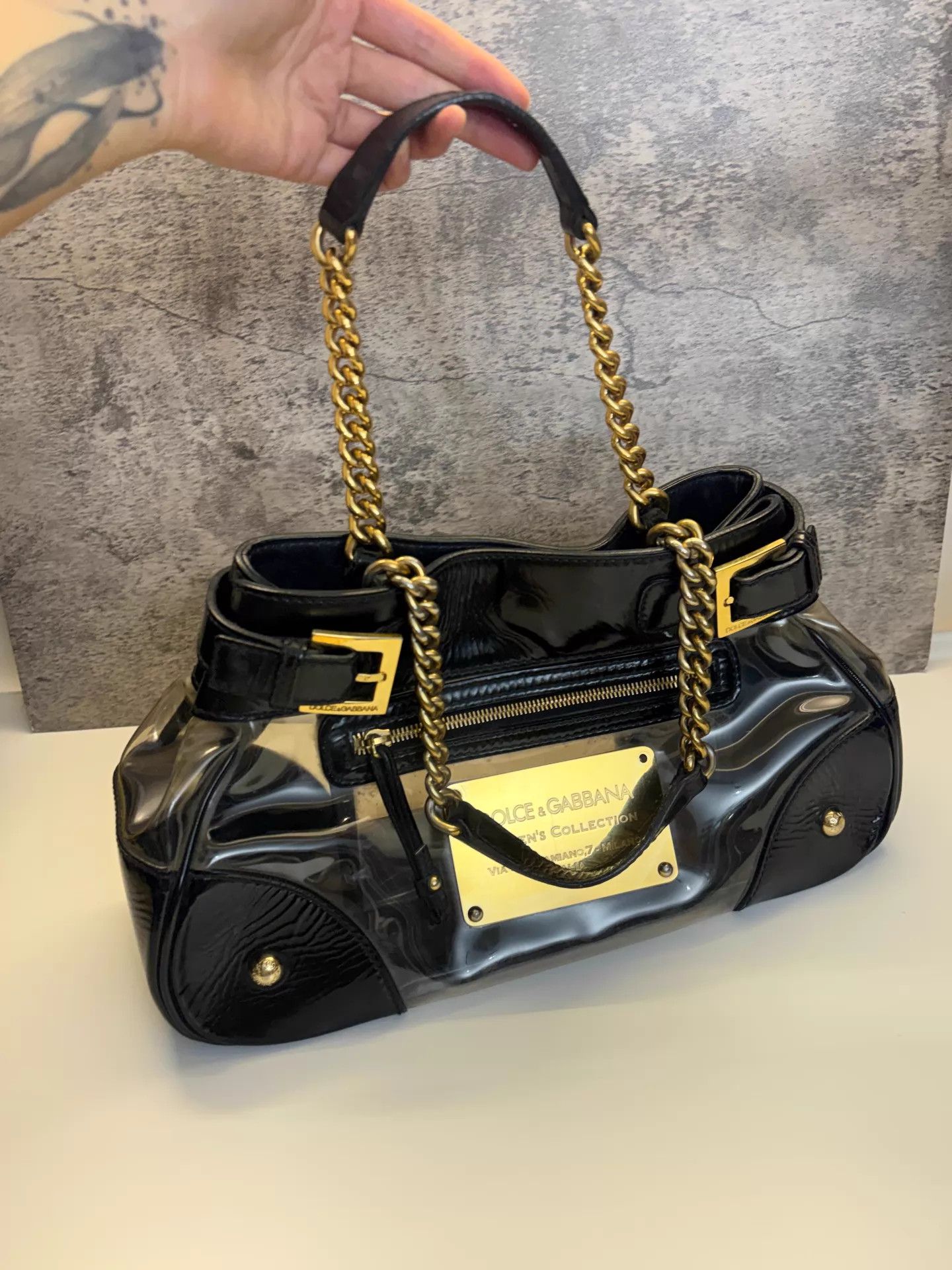 Dolce & Gabbana D&G Vtg 07SS Black Gold Metal Plaque PVC Trans Shoulder Bag Size ONE SIZE - 5 Thumbnail