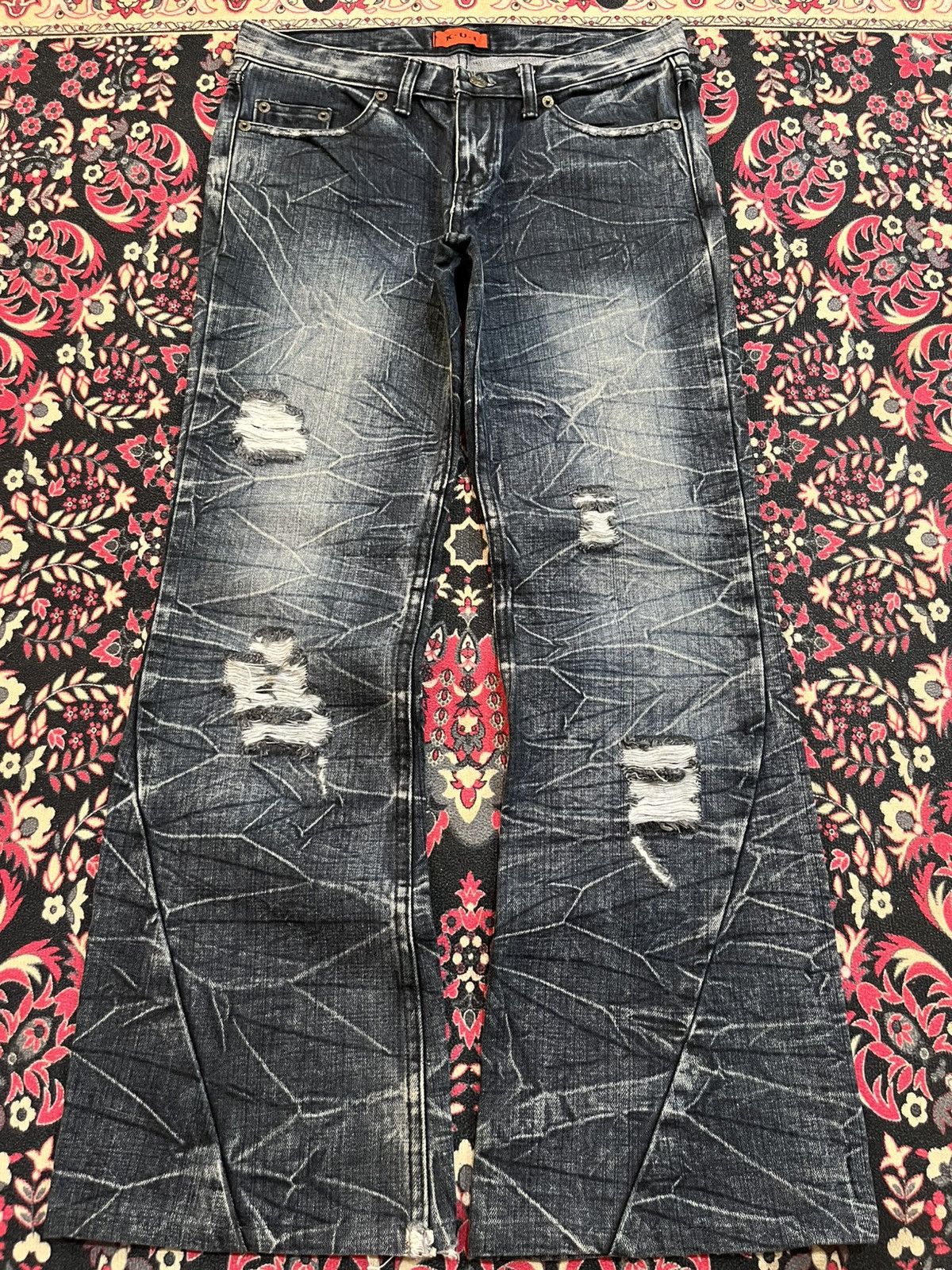 Tornado Mart K.U.I Dark Cracked Washed Distressed Flare Jeans Size US 32 / EU 48 - 1 Thumbnail