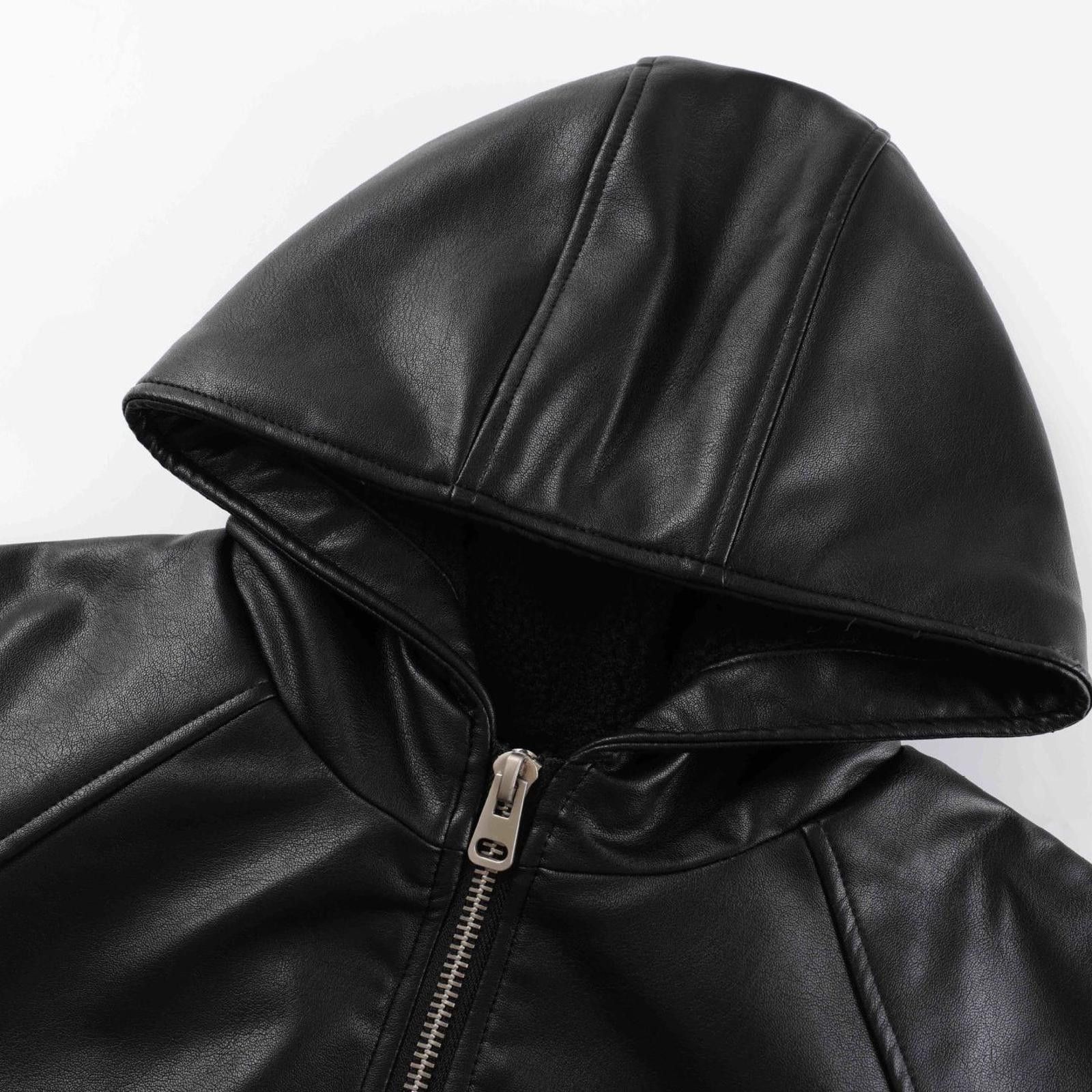 Leather Black Hooded Leather Bomber Jacket, Casual Zip-Up Outerwear Size US L / EU 52-54 / 3 - 2 Thumbnail