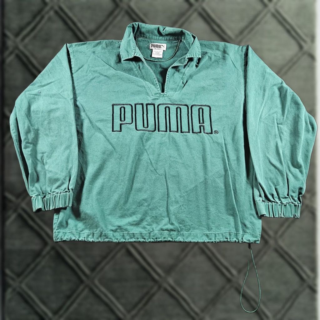VINTAGE Puma Sweatshirt Mens Large Green Collared Pullover Drawstring Logo 90s