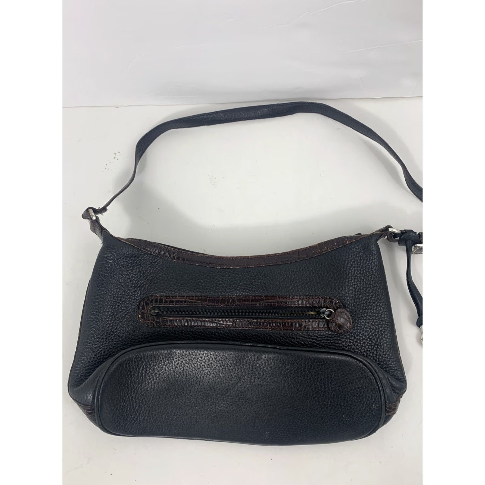 Brighton VINTAGE Brighton SMALL Croc Leather Satchel Purse Crossbody Bag Brown Black Leather Size ONE SIZE - 6 Thumbnail