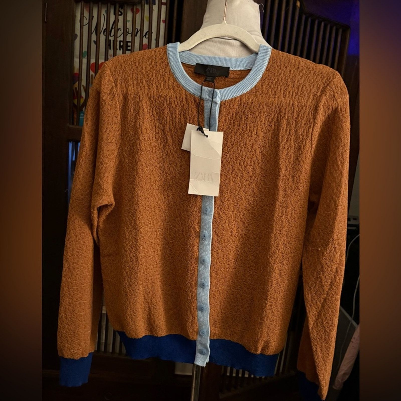 Zara NWT-Zara Brown Knit Cardigan with Blue Buttons Size L / US 10 / IT 46 - 4 Thumbnail