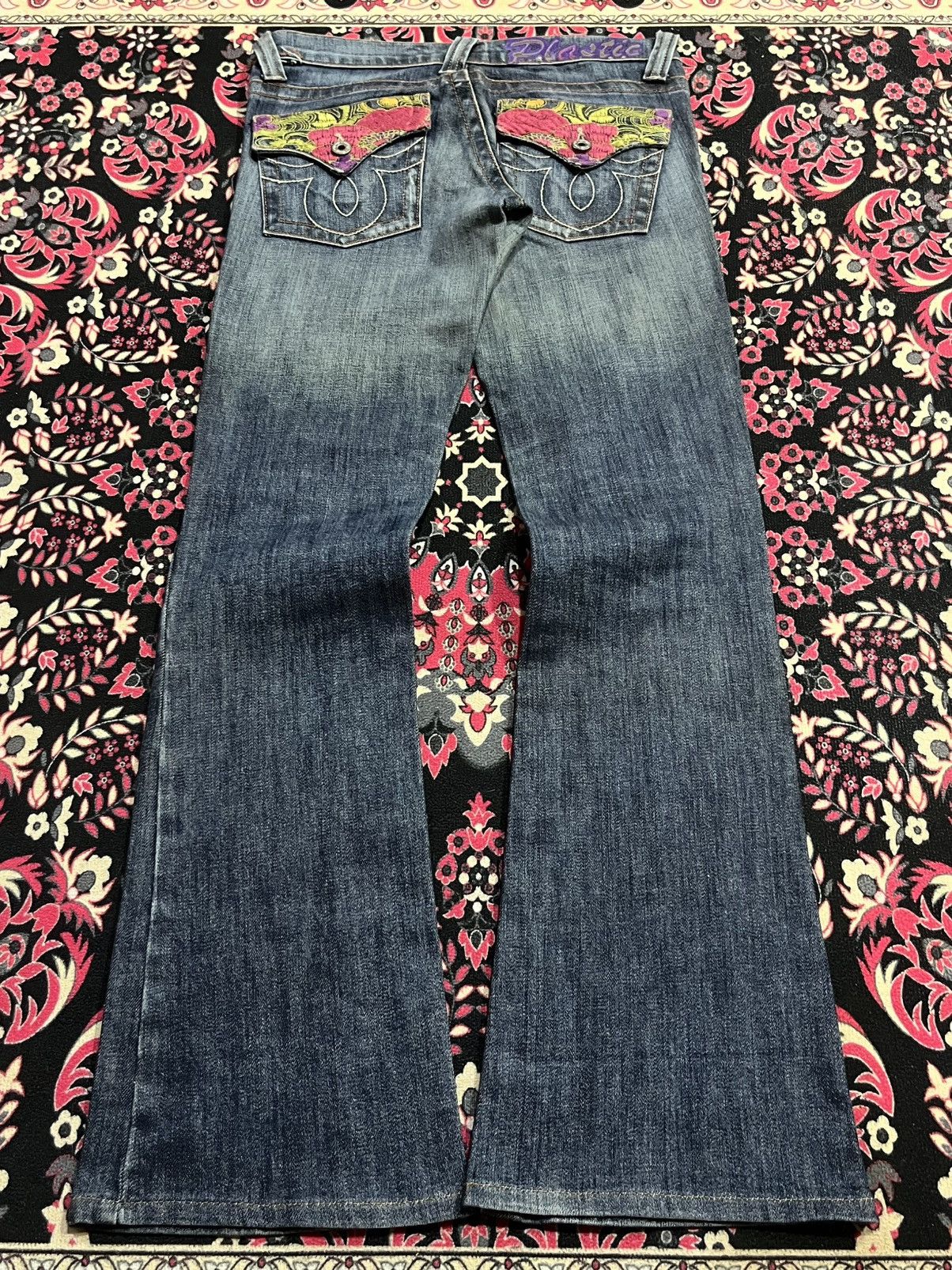 If Six Was Nine ⚡️Flare⚡️Plastic By Gly Floral Embroidered Pocket Blue Jeans Size 29" - 2 Thumbnail