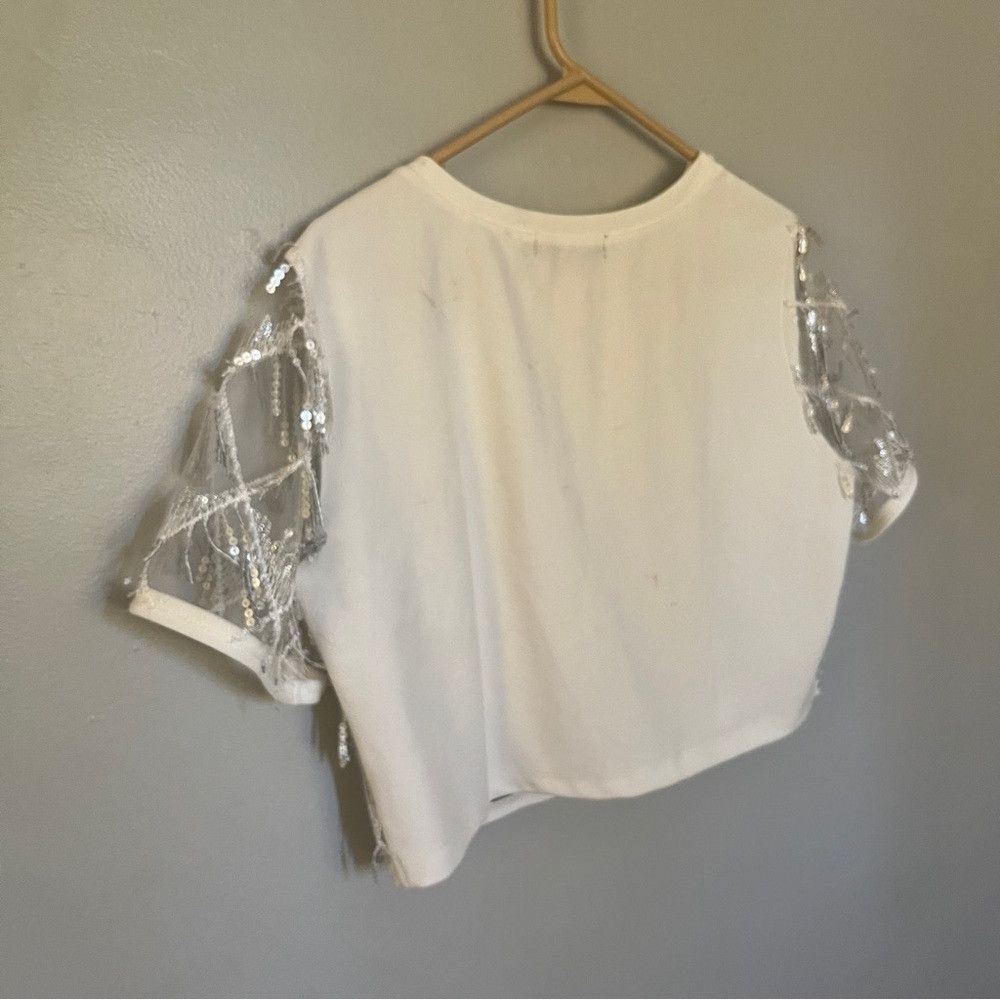 Designer Allegra K Women's Glitter Crop Top Short Sleeves White Large Size XL / US 12-14 / IT 48-50 - 6 Thumbnail