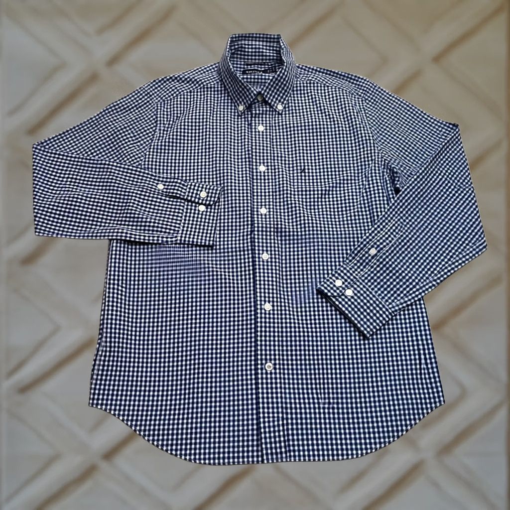 Nautica Nautica Button-Down Shirt Mens L Blue Check Long Sleeve Pocket Logo Cotton Size US L / EU 52-54 / 3 - 1 Thumbnail