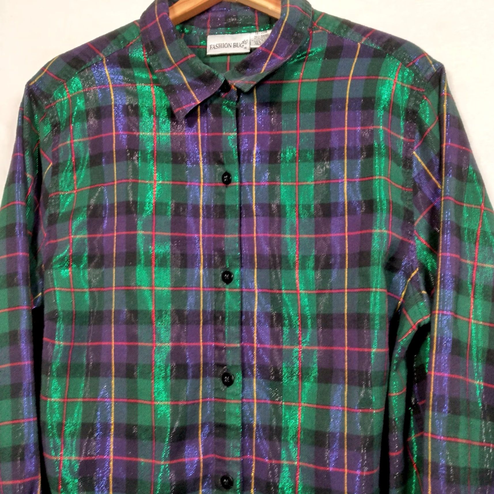 Vintage VINTAGE Fashion Bug Womens Blouse 18/20 Green Purple Plaid Metallic Long Sleeve 90s Fall Winter Casual Size XXL / US 16-18 / IT 52-54 - 4 Thumbnail