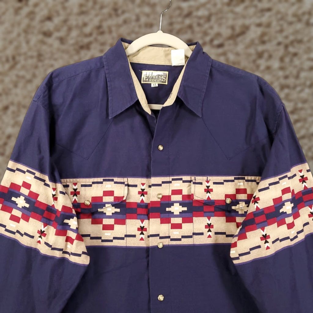 Vintage VINTAGE Express Rider Shirt Mens XL Navy Aztec Western Geometric Cowboy Long Sleeve Button-Up Pockets Size US XL / EU 56 / 4 - 1 Thumbnail