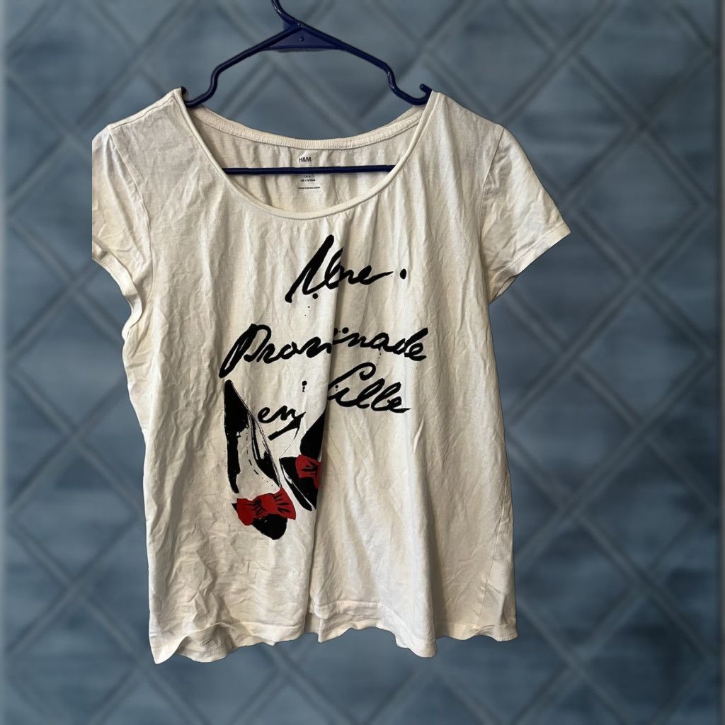 H&M VINTAGE H&M Women’s T-Shirt Short Sleeve White Graphic Top Casual Cotton Large Size L / US 10 / IT 46 - 1 Thumbnail
