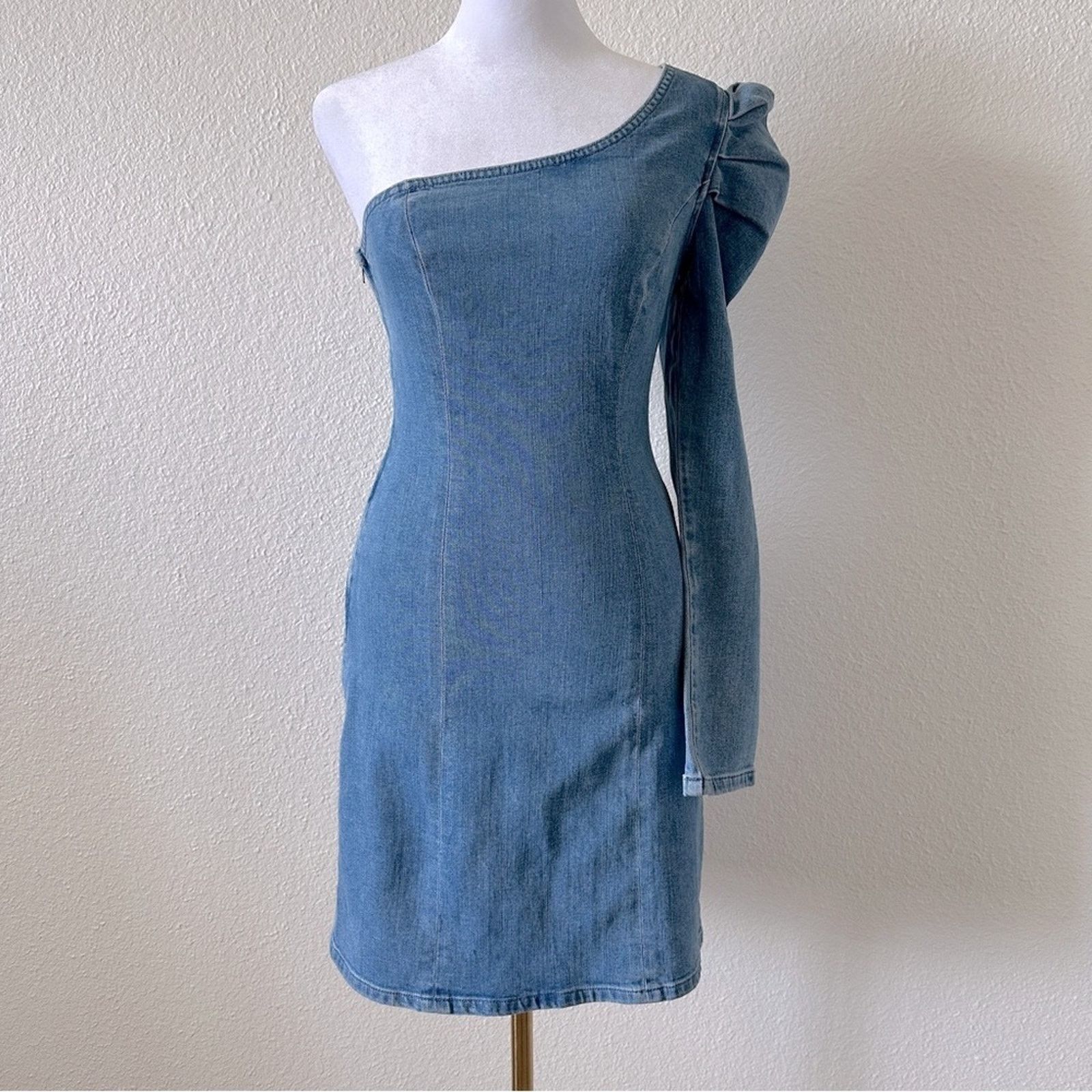 GRLFRND GRLFRND Ellie One Shoulder Denim Minidress NWT Sz. XS Size XS / US 0-2 / IT 36-38 - 4 Thumbnail