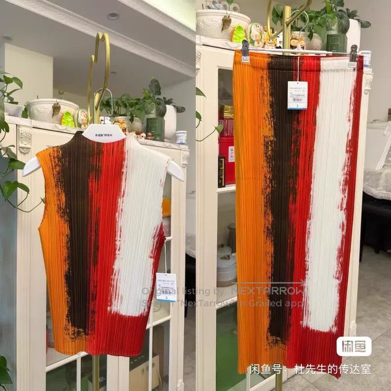 Issey Miyake Issey Miyake size:3 Oil Painting Red Orange Rendering Stri Size 31" - 9 Thumbnail