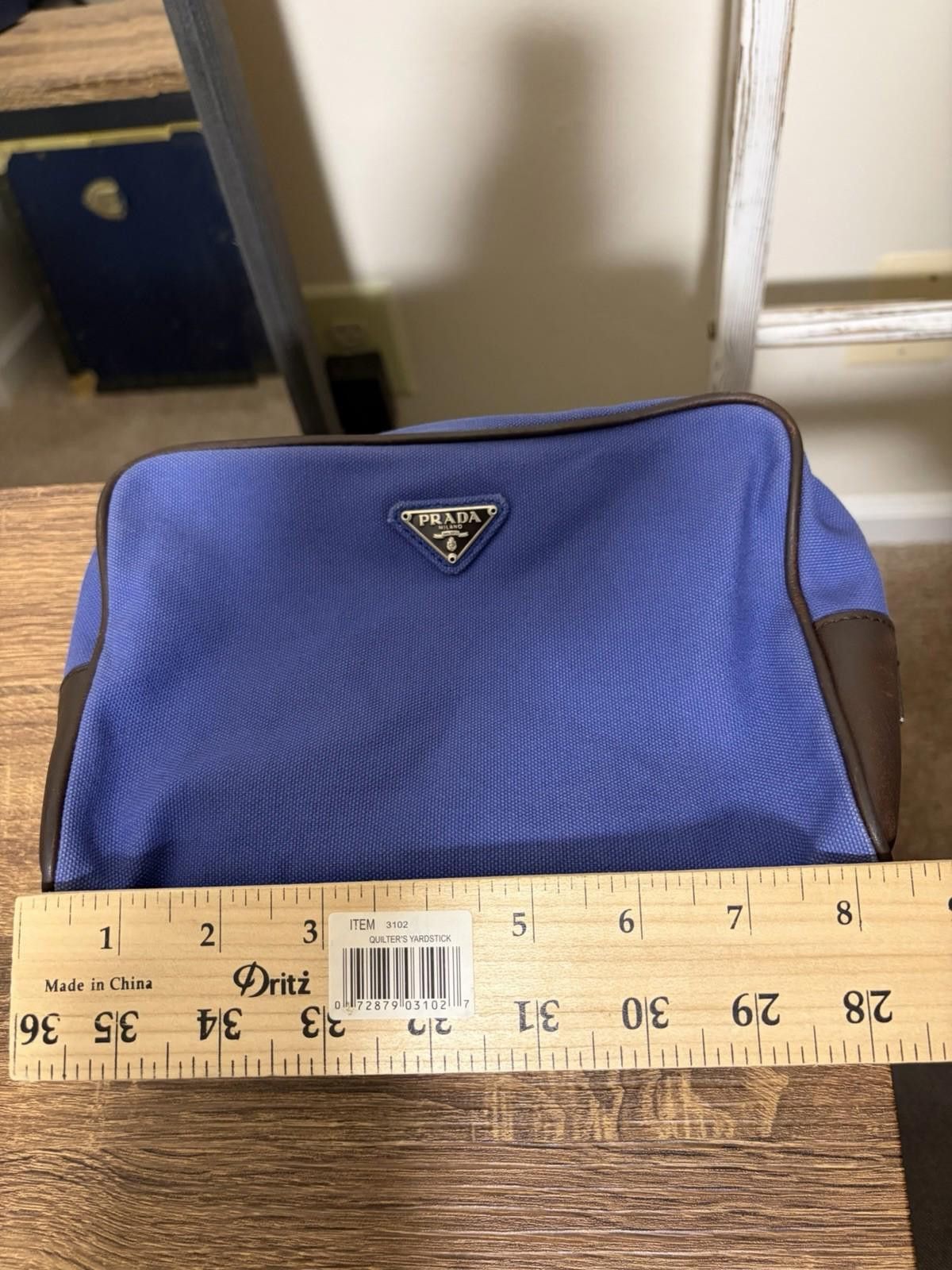 Prada Prada Blue Canvas Brown Leather Logo-Lined Clutch Pouch Bag Size ONE SIZE - 11 Thumbnail