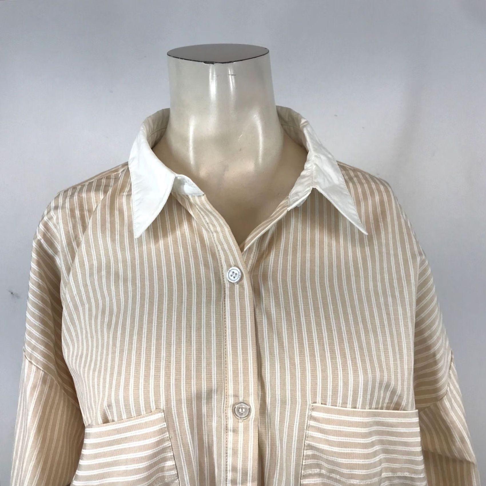 Vintage SANS SOUCI SHIRT TAN WOMEN'S XL GATHERED WAIST COTTON BLEND BUTTON COLLARED Size XL / US 12-14 / IT 48-50 - 2 Thumbnail