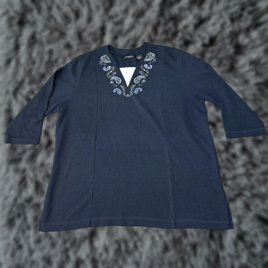 Vintage VINTAGE Speculation 2X Womens Plus Size Paisley Embroidered 3/4 Sleeve Ribbed Blouse Blue Shirt Size XXL / US 16-18 / IT 52-54 - 1 Thumbnail