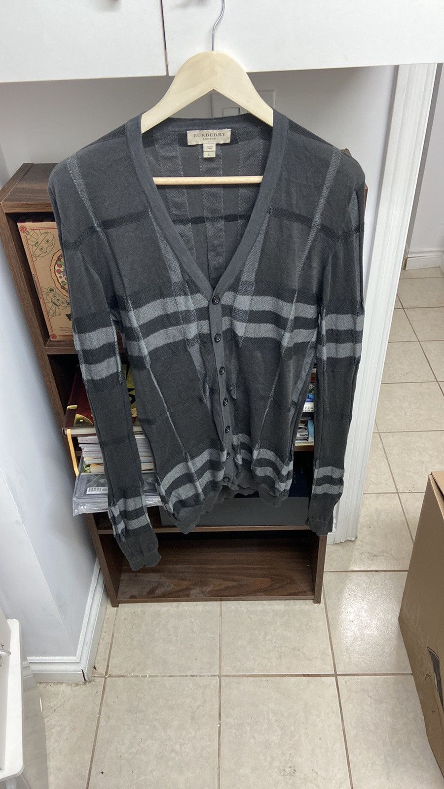 Burberry Burberry London Men’s Grey Check Cardigan Cotton/Silk Blend Size US L / EU 52-54 / 3 - 1 Thumbnail